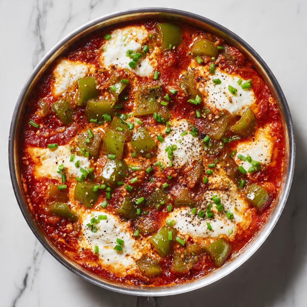 The dish shows a single-layer skillet filled with a bright red tomato sauce base mixed with chunky pieces of green bell pepper scattered unevenly throughout. There are dollops of white, soft cheese spread across the surface, blending slightly with the sauce, and spots of black pepper sprinkled on top. Small green chive pieces are scattered evenly over the dish, adding a fresh contrast to the red and white colors. The pan itself is metallic silver and sits on a white marbled texture. photo taken with an iphone --ar 4:5 --v 7