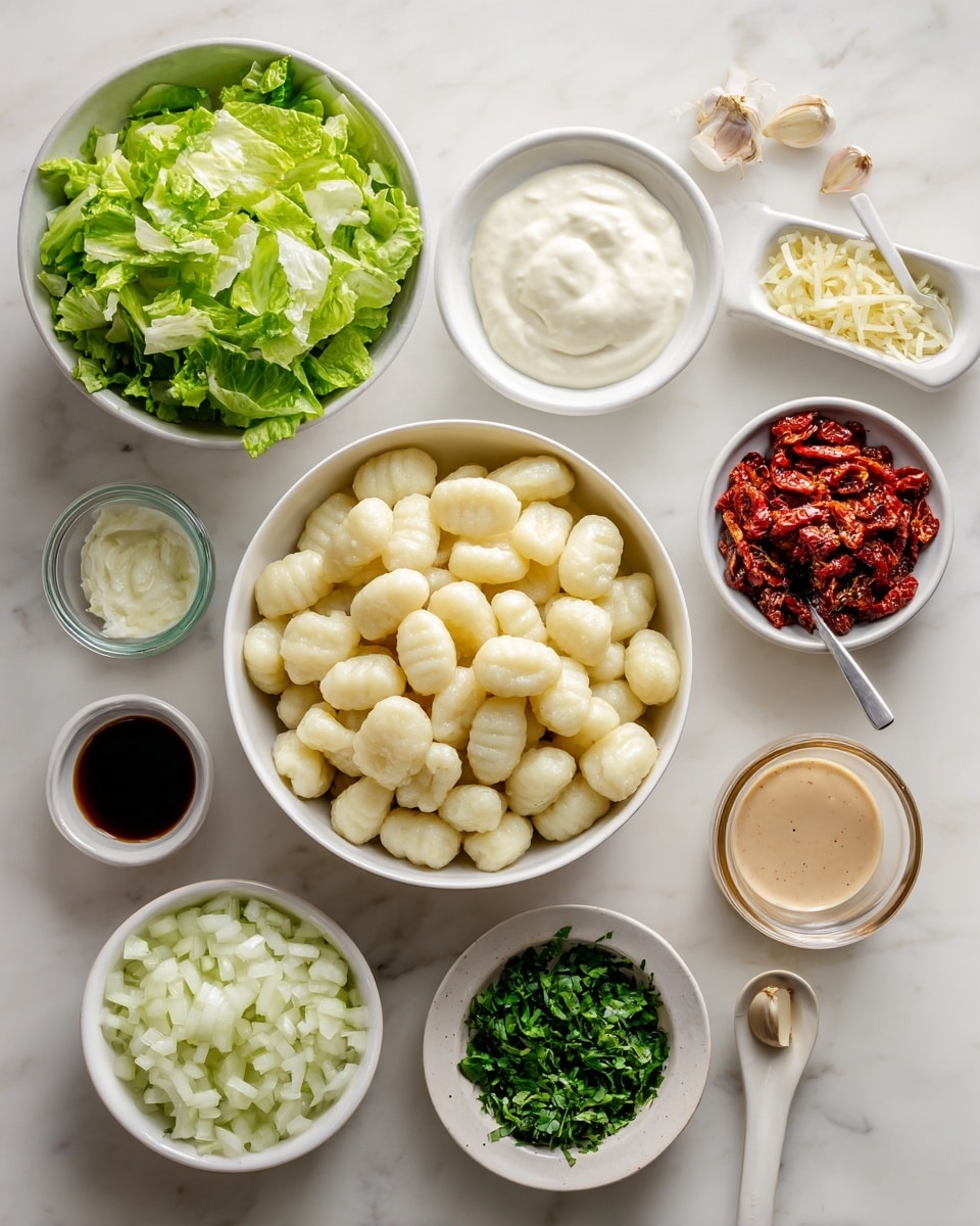 The image shows a white bowl in the center filled with white gnocchi. Around it, there are smaller white bowls and white measuring cups holding different ingredients: green chopped lettuce in a large white bowl at the top left, white cream in a bowl at the top center, finely chopped garlic in a small white bowl at the top right, red sun-dried tomatoes in a white measuring cup on the right side, light brown liquid in a white measuring cup at the bottom right, chopped green herbs in a small white bowl at the bottom center, creamy white sauce on the bottom left, dark brown balsamic vinegar in a small white spoon at the left, and finely chopped onions in a small white bowl at the middle left. All items are placed on a white marbled surface photo taken with an iphone --ar 4:5 --v 7
