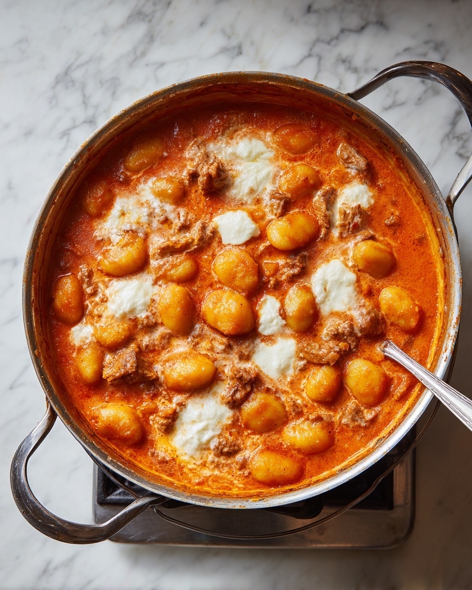 A full metal pot filled with a saucy dish showing three main layers: an orange-red tomato sauce base with soft round gnocchi pieces partially covered by scattered white dollops of melted cheese, and chunks of cooked pale beige meat mixed in throughout. The sauce has a slightly thick texture with visible splashes on the inner sides of the pot. The setting includes a stove burner underneath the pot and a utensil resting on the pot rim, all placed on a white marbled surface. photo taken with an iphone --ar 4:5 --v 7