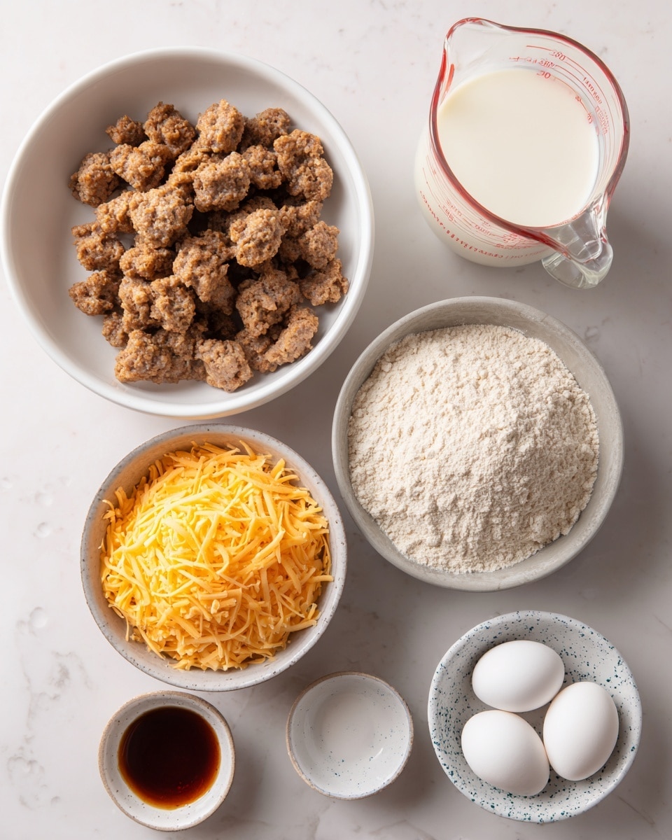 A top view of several white bowls and a clear measuring cup on a white marbled surface, showing ingredients for cooking. One large white bowl contains small, browned pieces of sausage with a rough texture. Another white bowl holds a mound of light brown flour. A gray bowl nearby is filled with shredded bright orange cheese with a soft texture. There is a small white bowl with dark brown liquid, likely vanilla or syrup. Two whole white eggs sit in a small white bowl with blue speckles. A clear measuring cup with red markings holds white milk, placed at the top right of the scene. Photo taken with an iphone --ar 4:5 --v 7