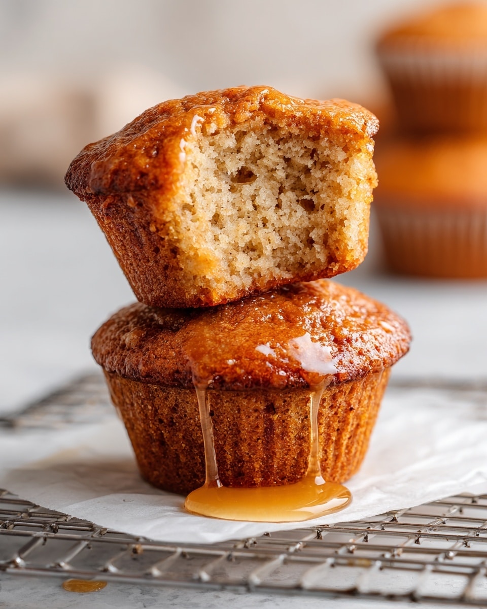 The image shows a stack of two light brown muffins with a slightly rough and moist texture. The top muffin has a bite taken out, revealing a soft, airy inside with small holes and a sticky, shiny syrup dripping partly down the sides. The muffins are resting on white parchment paper, which is on a metal cooling rack with a grid pattern, placed on a white marbled surface. In the background, there is a fourth muffin blurred out, sitting on the same white marbled surface. Photo taken with an iphone --ar 4:5 --v 7