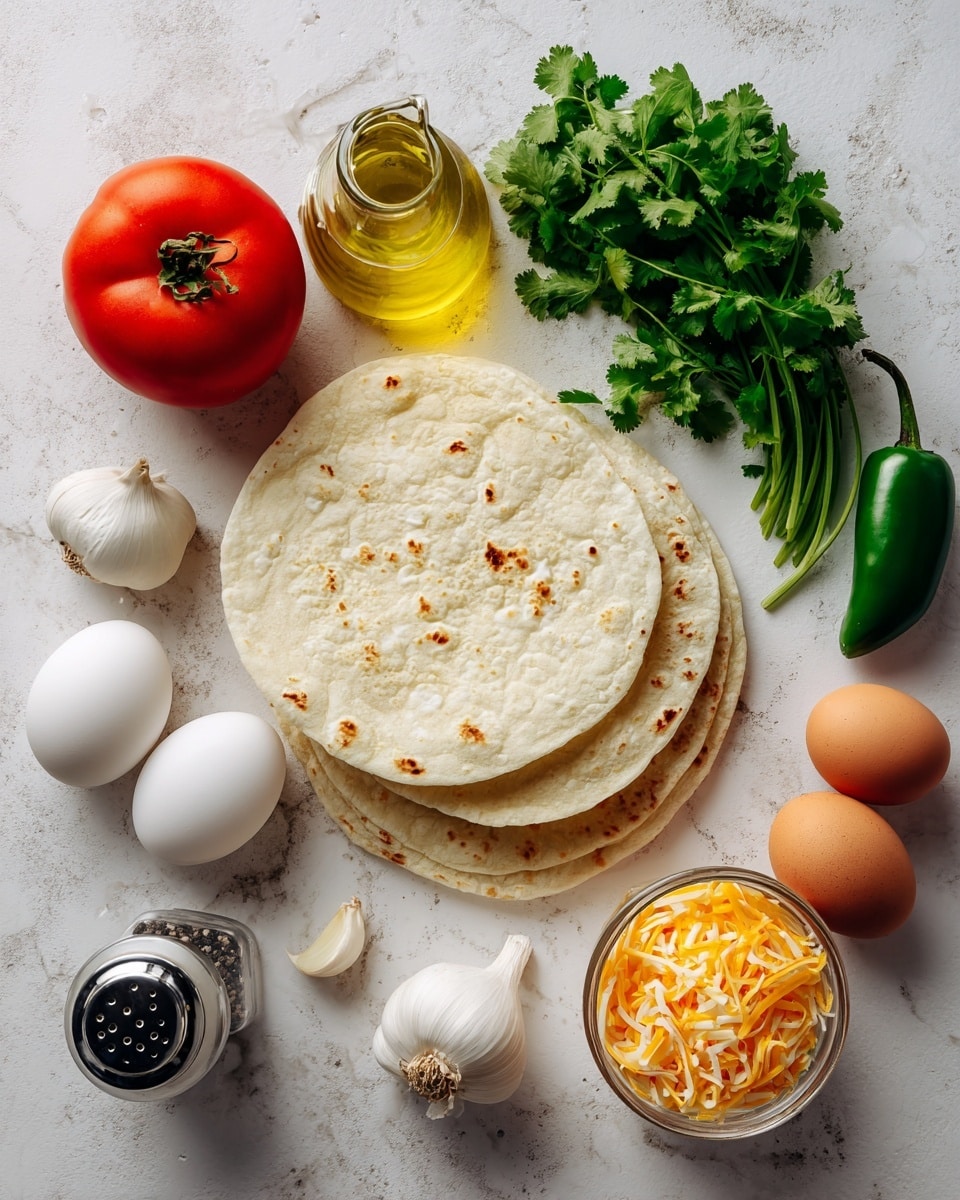 The image shows ingredients arranged on a white marbled surface: two white corn tortillas stacked on the right, a bunch of fresh green cilantro above them, a small green jalapeño pepper next to the cilantro, a whole ripe red tomato on the left side, a glass container with yellow olive oil, a peeled white garlic bulb near the bottom left, a small black and white salt and pepper shaker set, a small bowl filled with shredded orange cheddar cheese, three white eggs with one brown egg placed on the left side, and two cloves of garlic and a piece of white onion. The items are spread out neatly with clear spacing between each. Photo taken with an iphone --ar 4:5 --v 7
