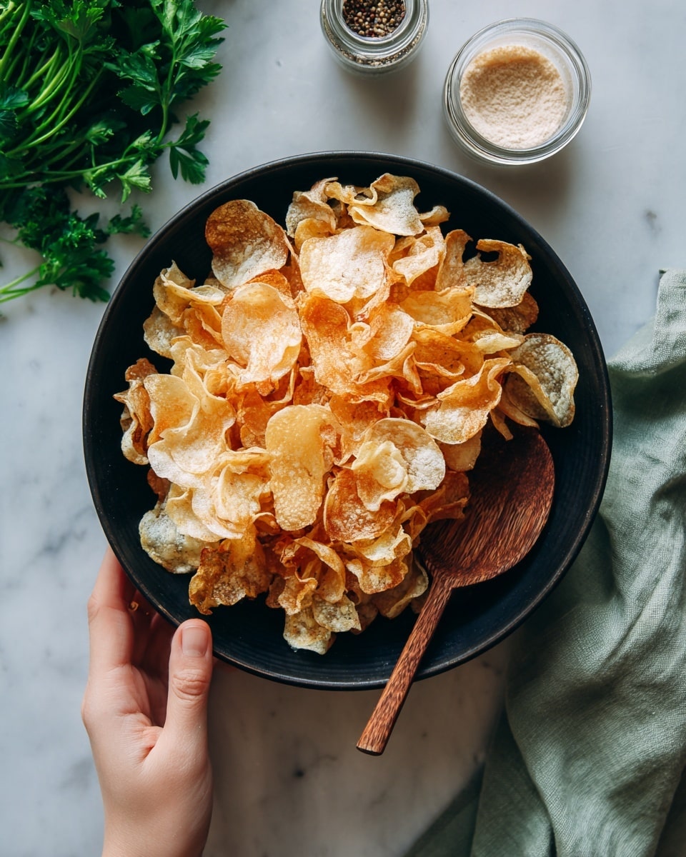 A black bowl filled with several layers of light golden crispy chips that look crunchy and irregular in shape. A wooden spoon rests inside the bowl, with a woman's hand holding it gently. Around the bowl, there is a small glass jar of pepper on the white marbled surface, a small white bowl with a beige powder next to it, and some fresh green parsley at the bottom left corner. A light green cloth napkin is placed at the top right corner of the image. The colors are warm and natural, with soft lighting highlighting the textures and details. photo taken with an iphone --ar 4:5 --v 7