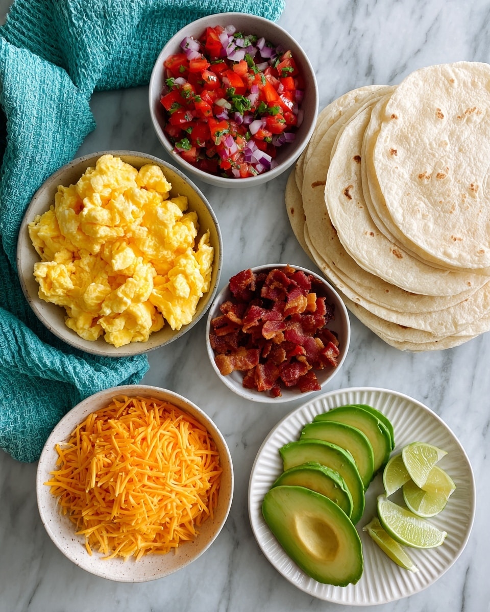 The image shows a top view of five bowls and a white round plate with breakfast ingredients set on a white marbled surface. In the largest white bowl at the bottom left, there are fluffy yellow scrambled eggs broken into medium chunks. Above it, a smaller white bowl contains freshly chopped red tomato salsa mixed with finely diced onion and green herbs. To the right, a medium white bowl is filled with bright orange shredded cheddar cheese, and next to it, another small white bowl holds chopped crispy bacon pieces in brown and red tones. On the right side, there is a neat stack of six light beige soft flour tortillas. At the bottom right, a ridged white plate is layered with ripe avocado slices in light and dark green shades, with two lime wedges resting on the side. A folded teal cloth napkin is placed in the top left corner. photo taken with an iphone --ar 4:5 --v 7