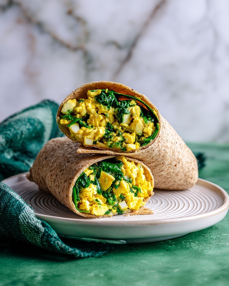 The image shows two halves of a wrap placed on a white round plate with subtle ridges. The wrap is a whole wheat color with a rough texture, inside filled with bright yellow scrambled eggs mixed with green leafy spinach and small pieces of a lighter ingredient, possibly cheese. The wrap halves are standing upright, leaning closely together, with the filling clearly visible. The plate is on a green surface, but the background is changed to a white marbled texture. A green and white cloth is near the plate. Photo taken with an iphone --ar 4:5 --v 7