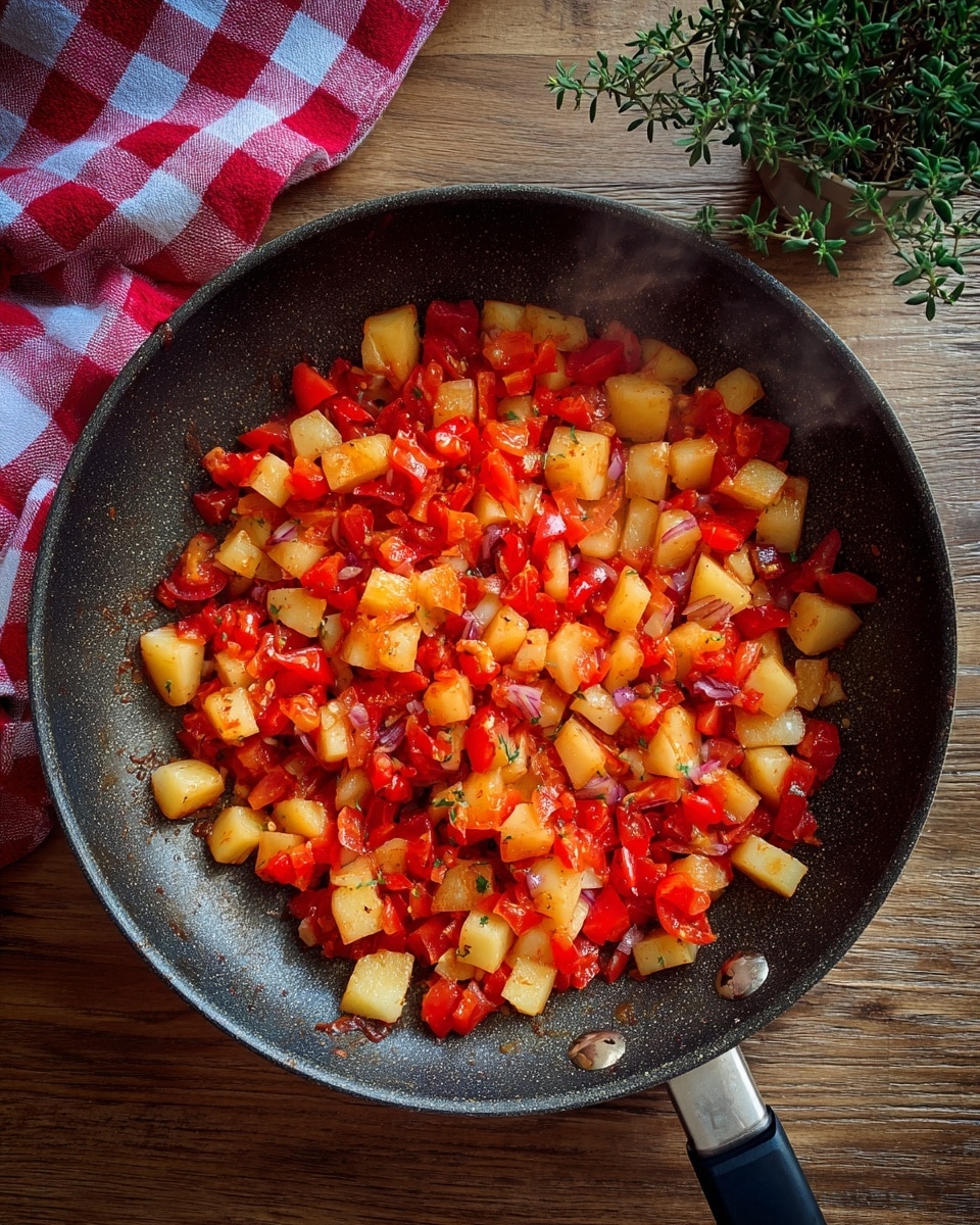 A round frying pan filled with chopped red tomatoes and small cubes of pale yellow potatoes, mixed together and cooking, with bits of light purple onion scattered throughout. The pan is placed on a wooden surface with a red and white checkered cloth and a small green herb plant visible near the top right corner. The steam rises gently from the pan. photo taken with an iphone --ar 4:5 --v 7