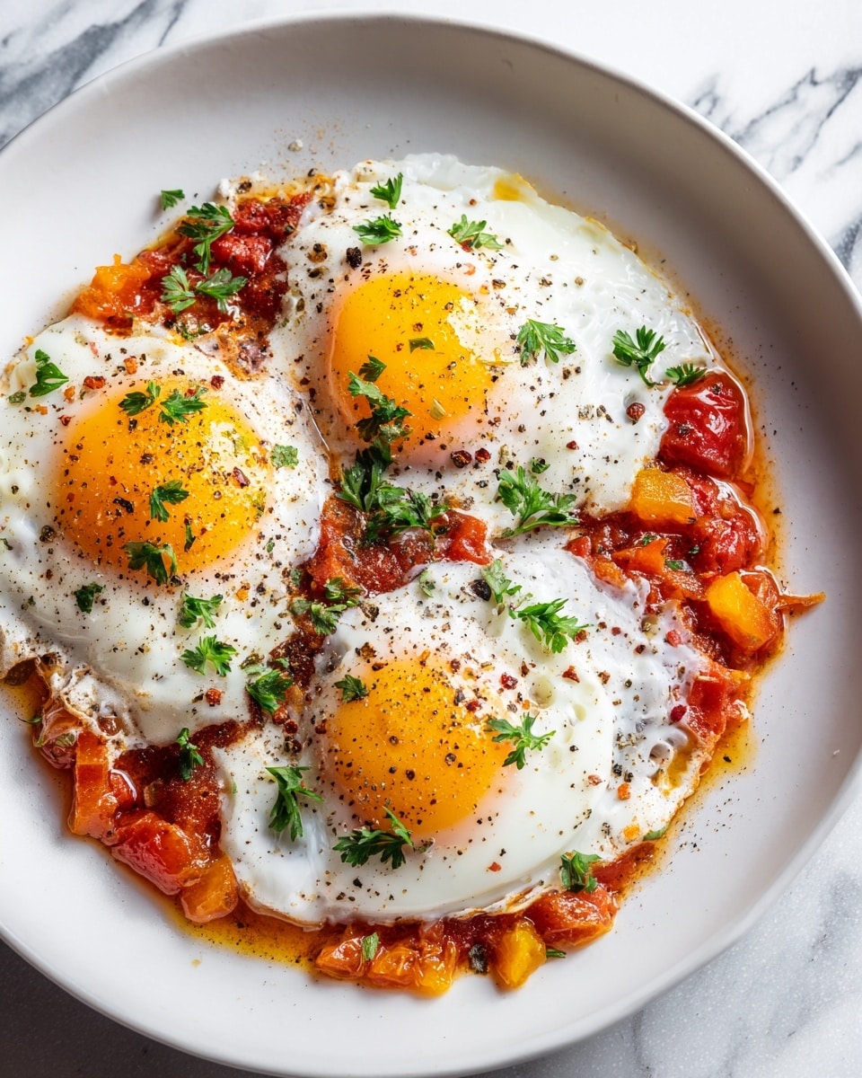 The image shows a white plate filled with a dish that has three eggs with cooked whites and soft yolks on top. Under the eggs, there is a layer of reddish sauce mixed with small orange and tomato pieces, with some green parsley sprinkled over the eggs. Black pepper flakes are scattered on the eggs and sauce. The background is a white marbled surface. photo taken with an iphone --ar 4:5 --v 7