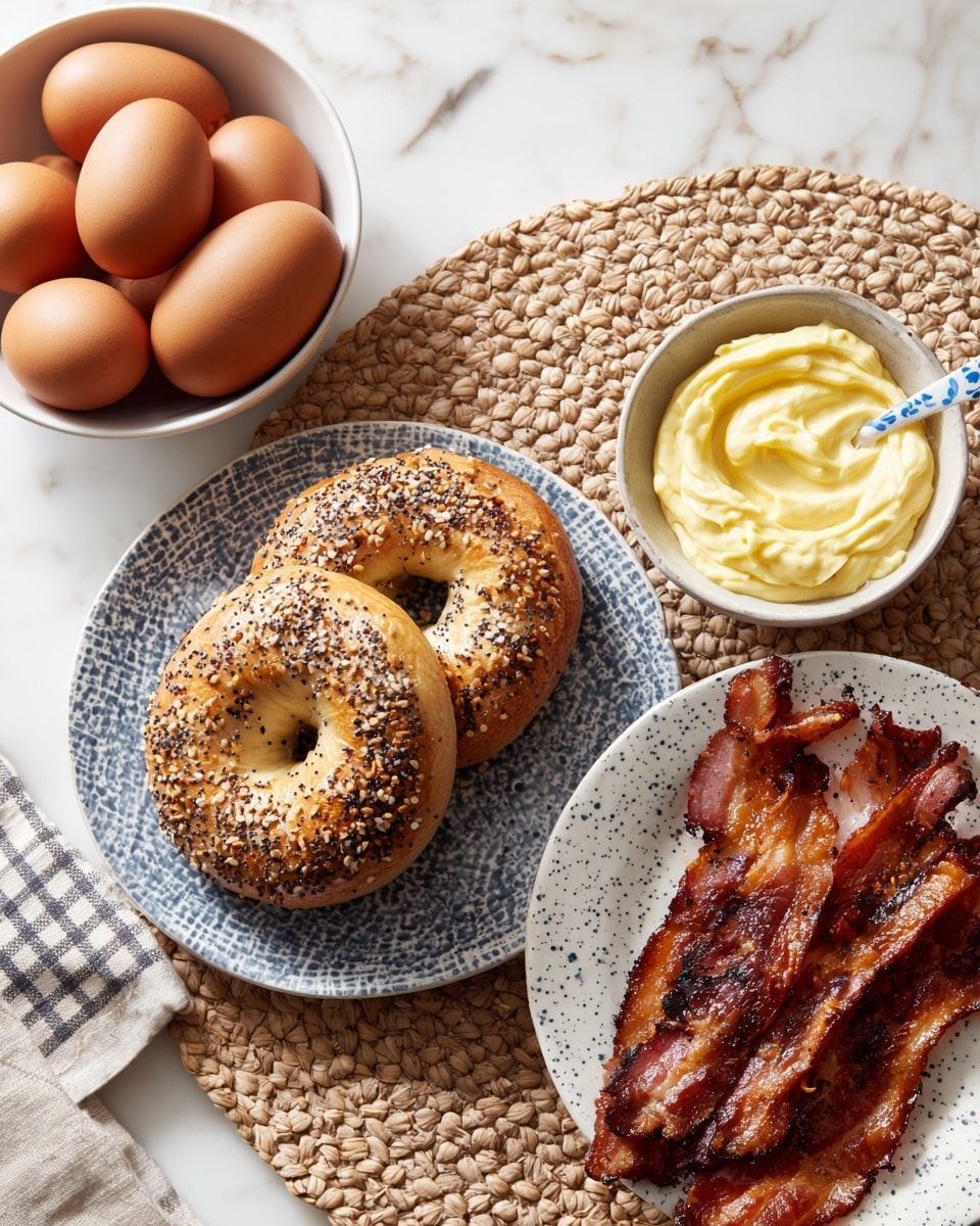 Two toasted bagels with seeds and spices on top sit side by side on a white plate with a blue checkered pattern, placed on a white marbled surface. To the left, a white bowl holds six brown eggs, and just below it, a small white bowl filled with thick light yellow mayonnaise has a blue and white patterned spoon resting in it. On the right, a white plate with a subtle dotted texture holds several crispy cooked bacon strips with a rich brown color and slight char marks. The arrangement is on a round rattan mat, adding a natural look to the scene. photo taken with an iphone --ar 4:5 --v 7