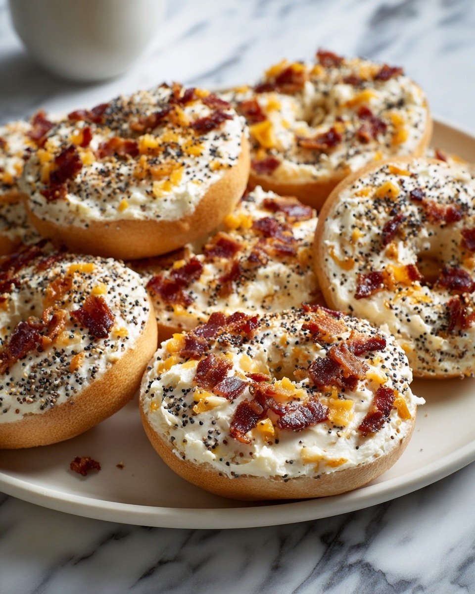 The image shows several bagels on a white plate. Each bagel is topped with a creamy spread of white color, sprinkled with black poppy seeds. On top of the spread are melted golden-yellow cheese pieces and crispy small bits of cooked bacon with a reddish-brown color. The plate sits on a white marbled surface. The scene looks warm and inviting. photo taken with an iphone --ar 4:5 --v 7