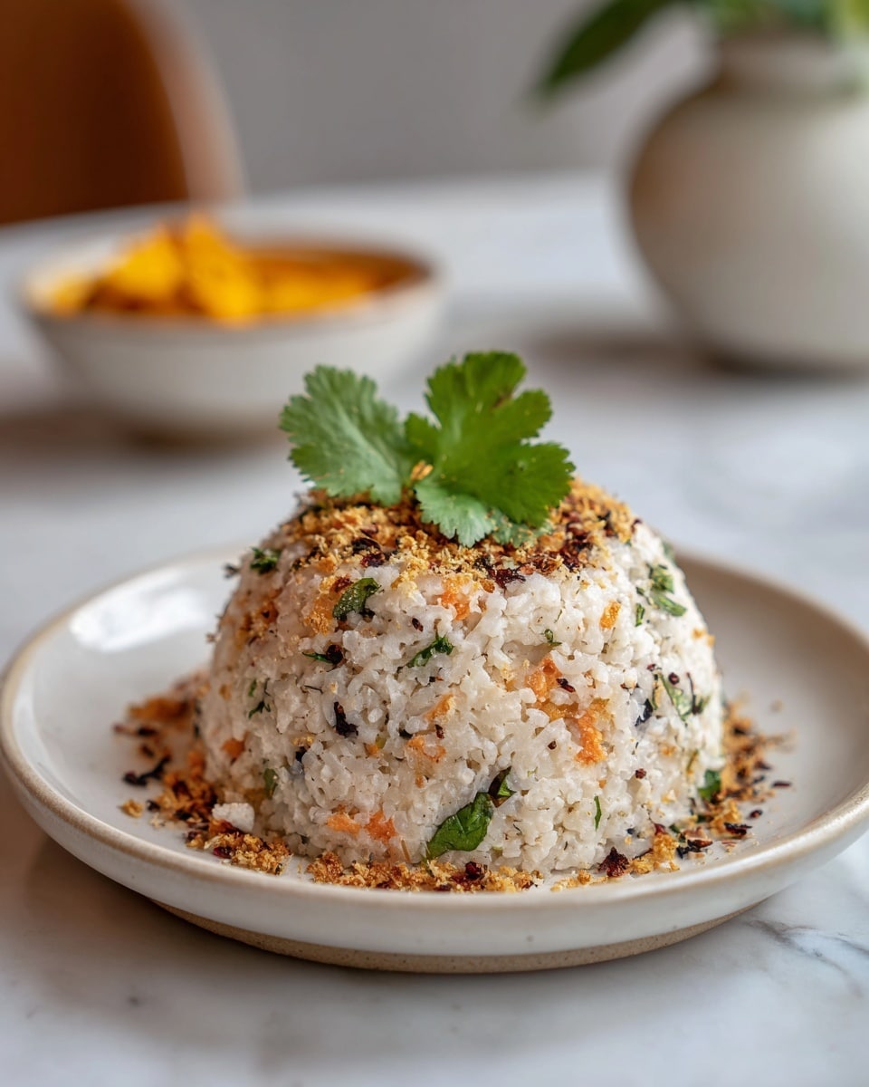 The dish shows a single dome-shaped mound with a grainy texture, mainly white with scattered small pieces of orange, green, brown, and black inside it. On top, a green leaf and a fresh coriander leaf sit in the center. The mound is placed on a simple white plate, and the background is a white marbled surface. In the blurred background, there is a bowl with a yellow-orange dish. photo taken with an iphone --ar 4:5 --v 7