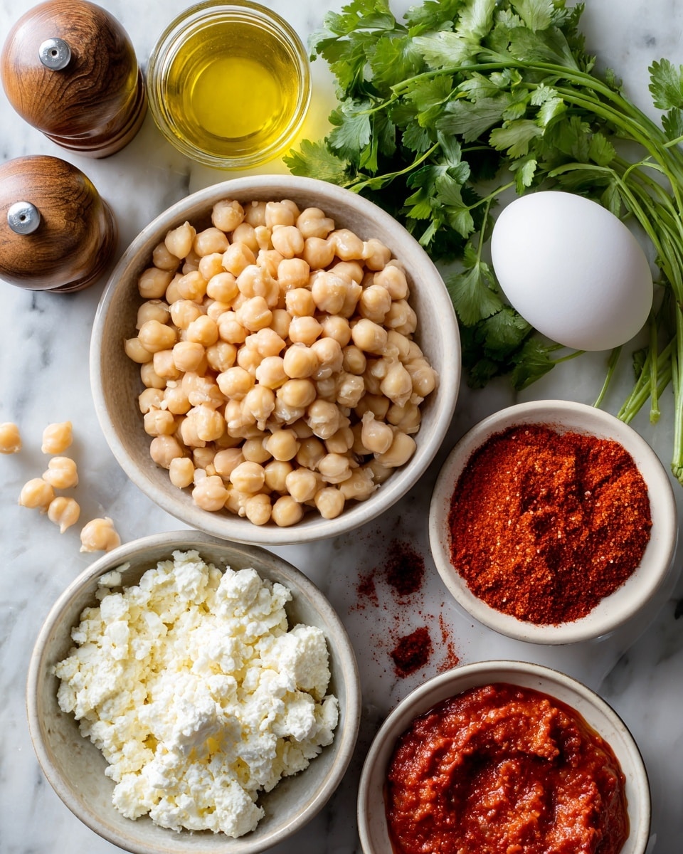 A close-up top view of several white bowls arranged on a white marbled surface, each containing different ingredients: the largest bowl in the center is filled with pale beige chickpeas, another bowl at the bottom shows white crumbled cheese, and a bowl on the right holds bright red powder. Two smaller bowls closer to the bottom right edge contain bright red tomato paste or sauce. In addition, there is a whole uncooked white egg in one bowl, fresh green cilantro leaves on the marble, and two round wooden salt and pepper shakers near the top left corner. A clear container of light yellow oil is partially visible on the left side. The photo taken with an iphone --ar 4:5 --v 7
