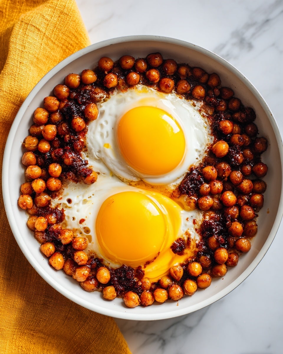 A white pan filled with two cooked eggs with shiny yellow yolks and white edges, surrounded by a layer of golden brown chickpeas mixed with small bits of dark red seasoning or sauce. The chickpeas cover most of the pan's bottom, leaving space for the eggs near the center and right side. Some orange oil or sauce glistens around the eggs and chickpeas, adding richness. The pan is placed on a yellow cloth, but the background and surface appear as white marble. photo taken with an iphone --ar 4:5 --v 7