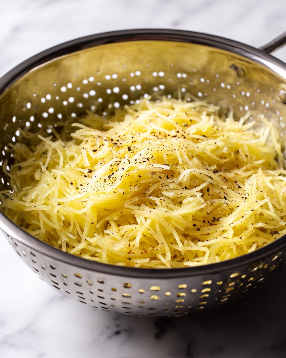A large shiny metal colander holds several layers of shredded yellow potatoes mixed with small amounts of spices and some black pepper sprinkled on top. The colander has many small round holes around its sides and is deep, with some steam visible rising from the warm mixture inside. The scene is set on a white marbled surface, suggesting a clean cooking space. Photo taken with an iphone --ar 4:5 --v 7