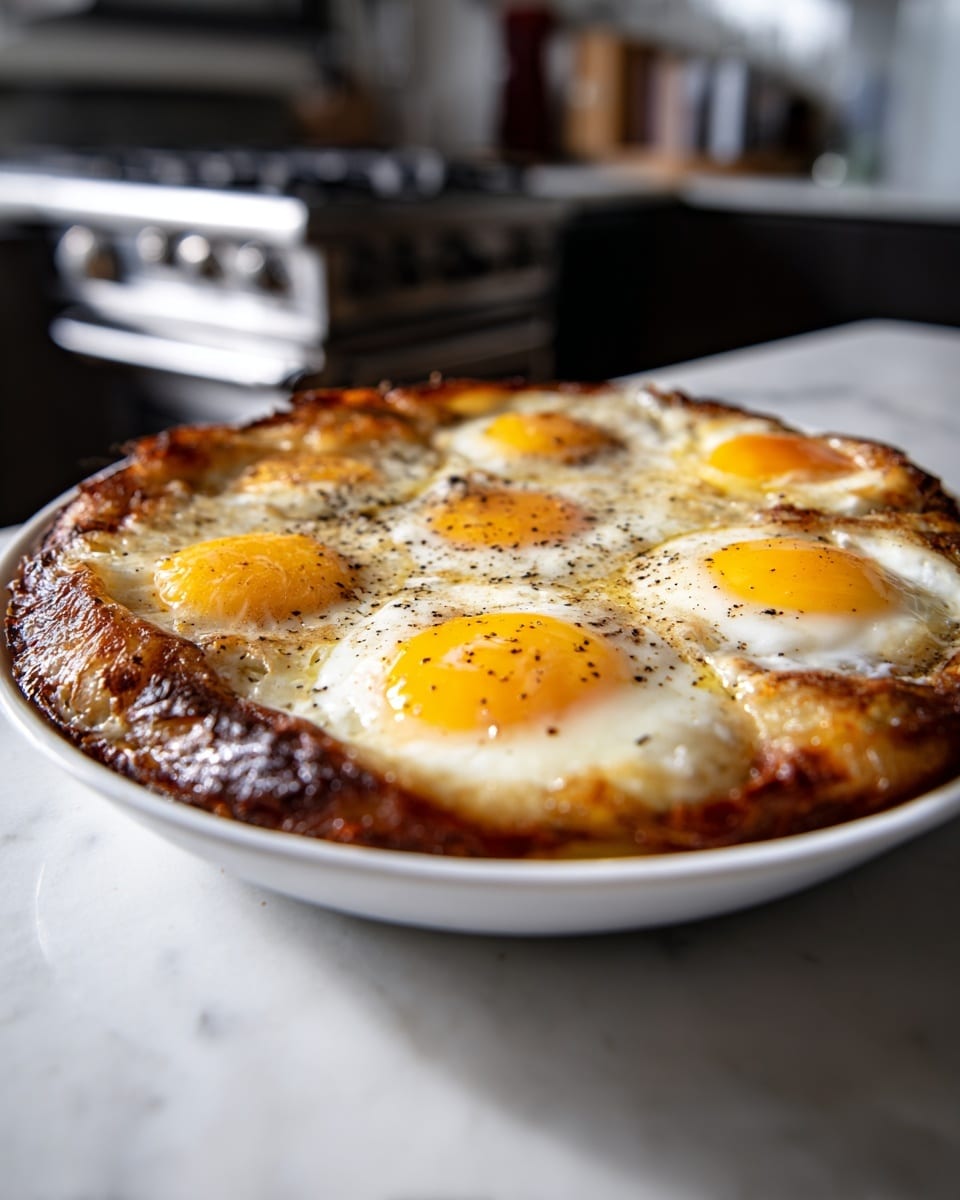 A round dish with five cooked fried eggs placed evenly across the surface. The eggs have bright yellow yolks with a light sprinkling of black pepper and slightly browned edges. The base layer under the eggs is a browned, crispy crust, likely from cooked potatoes or a similar ingredient, with a golden to dark brown color and rough texture around the edges. The dish sits on a white plate placed on a white marbled surface, with part of a stove and kitchen area blurred in the background. The lighting highlights the shine on the cooked eggs and the texture of the crust photo taken with an iphone --ar 4:5 --v 7
