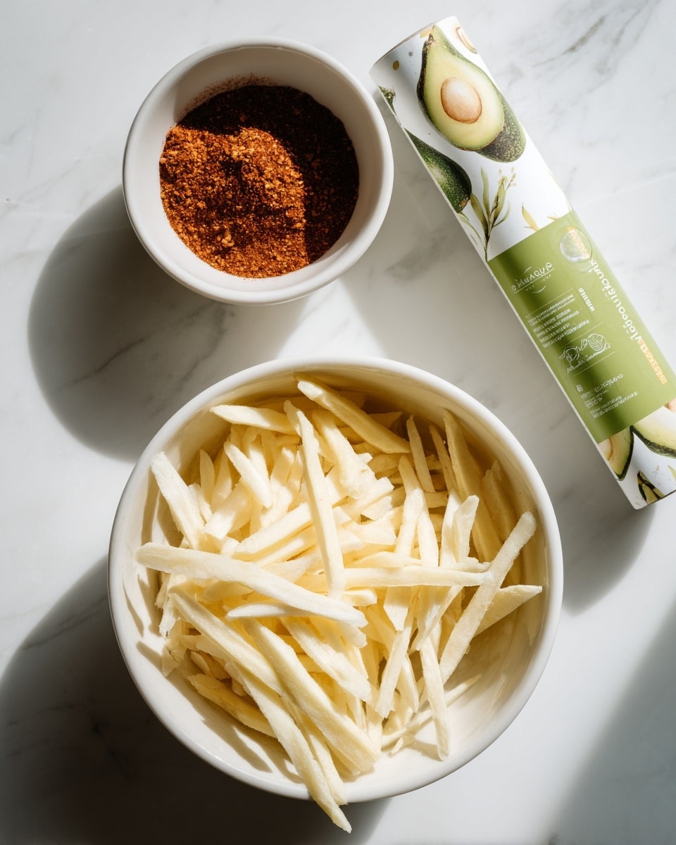 The image shows two white bowls on a white marbled surface. The bigger bowl at the bottom is filled with many thin, pale yellow sticks that look like shredded cheese or fries. Above it is a smaller bowl holding a small amount of reddish-brown powder. To the right of these bowls is a roll of green and white packaging with pictures of avocado, placed diagonally. Photo taken with an iphone --ar 4:5 --v 7
