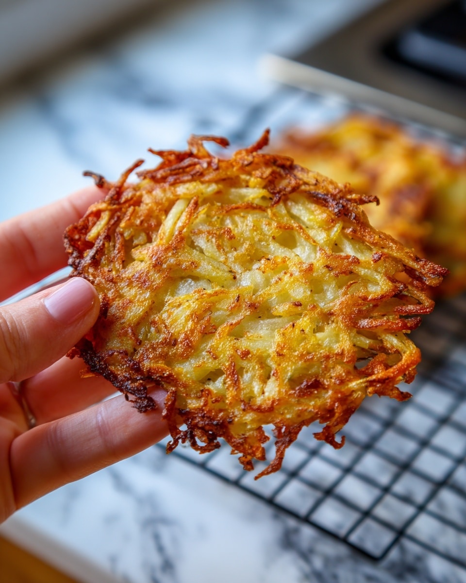 A close-up of a crispy, golden-brown potato pancake held by a woman's hand in a kitchen setting. The pancake has a lacy texture with thin, crunchy strands of cooked potato overlapping each other, forming an irregular, square-like shape. The background shows a wire rack and a white marbled surface, with part of a stovetop visible. The colors are warm, mainly golden yellows and light browns from the cooked potato. Photo taken with an iphone --ar 4:5 --v 7