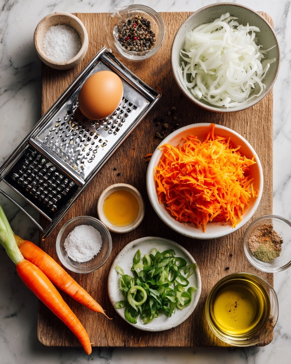 The image shows a wooden board on a white marbled surface with several ingredients arranged neatly. A white bowl filled with bright orange shredded carrot sits on the right side of the board. Above it, a white bowl holds white shredded onion layers, and next to it, a whole brown egg is placed on the surface. On the left side of the board is a metal box grater with some carrot shreds stuck on it, and a peeled carrot half rests nearby. Below, a small white plate holds sliced green onions. Around the board on the surface are small glass bowls containing salt, black pepper, flour, and yellow olive oil. Photo taken with an iphone --ar 4:5 --v 7
