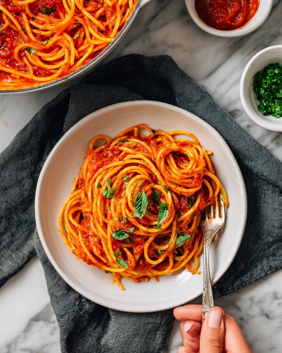 The image shows a white plate filled with a heap of bright orange spaghetti covered in a thick tomato sauce and small green basil leaves on top. The plate sits on a dark gray cloth placed over a white marbled surface. To the left, there is a large white pot filled with more spaghetti in tomato sauce, partly visible. Near the top right corner, there are two small white bowls, one with green herbs and the other with red sauce. A vintage silver fork rests on the plate, and a woman's hand is about to reach for the spaghetti. The overall lighting is soft, highlighting the warm colors of the dish. photo taken with an iphone --ar 4:5 --v 7