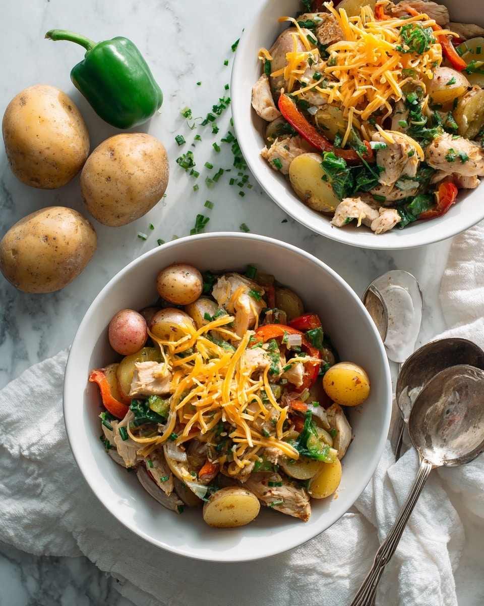 Two white bowls are filled with a colorful dish made of cooked chicken pieces, small potatoes, sliced green bell peppers, and shredded orange cheese on top. The chicken looks tender and mixed evenly with the vegetables. Around the bowls, there are whole small potatoes and a green bell pepper on a white marbled surface. Nearby, there is a small white container with a metal spoon inside and a spoon lying next to it. The scene is natural and bright, showing a tasty, well-layered meal. Photo taken with an iphone --ar 4:5 --v 7