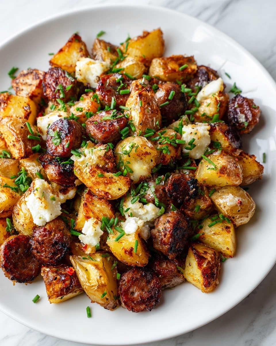 A close-up of a white plate filled with roasted golden-brown potatoes and browned sausage pieces mixed with small curls of white cheese and garnished with bright green chopped chives. The potatoes have a crispy, slightly rough texture, while the sausage pieces appear juicy and browned with a slightly charred surface. The cheese curls are soft and scattered evenly, adding a creamy look, and the chives add fresh green color on top. The plate sits on a white marbled surface. photo taken with an iphone --ar 4:5 --v 7