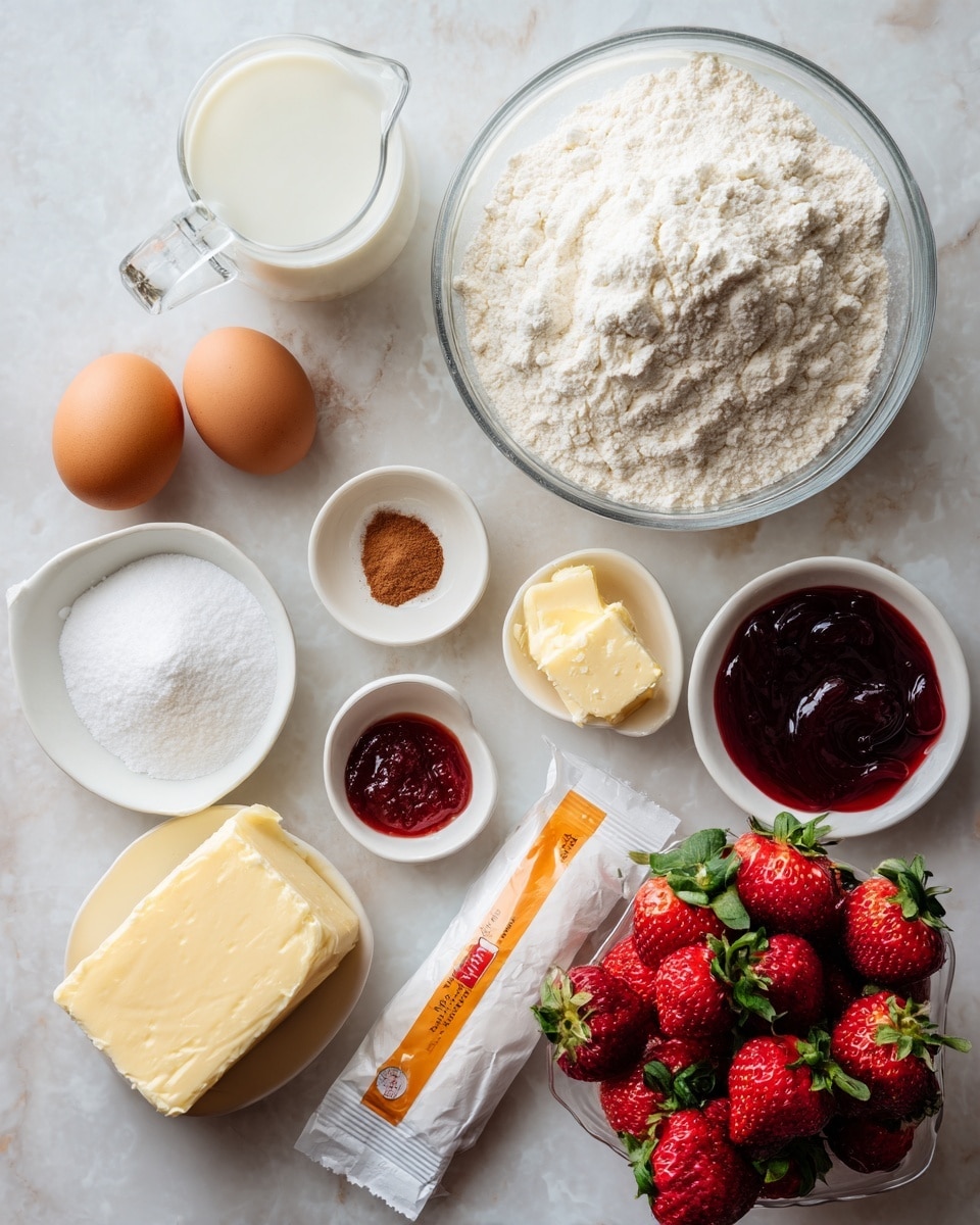 A top view of various ingredients set on a white marbled surface, including a large clear glass bowl filled with white flour in the upper center, a clear glass measuring cup with milk to the left, and two brown eggs below it. Small white dishes hold white powdery baking ingredients, light yellow sugar, dark reddish strawberry jam, a brown spice, and a small amount of cream. There is a small packet of active dry yeast with yellow and red packaging in the middle right, and below it, a white wrapped block of cream cheese and an orange and white stick of salted butter. At the bottom right corner, there is a clear plastic container full of fresh, red strawberries with green leaves. photo taken with an iphone --ar 4:5 --v 7