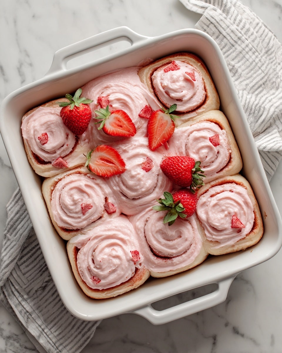 The image shows a white rectangular baking dish filled with twelve pink frosted cinnamon rolls arranged in three rows of four. Each cinnamon roll is thick and swirled with a light pink frosting that has a creamy texture. Small pieces of red strawberry are spread smoothly within the frosting, adding a splash of color and texture throughout the rolls. Three fresh strawberry halves rest on top of the cinnamon rolls, adding a fresh and bright red accent to the soft pastel pink of the frosting. The dish is set on a white marbled surface with a striped cloth partially visible to the side. photo taken with an iphone --ar 4:5 --v 7
