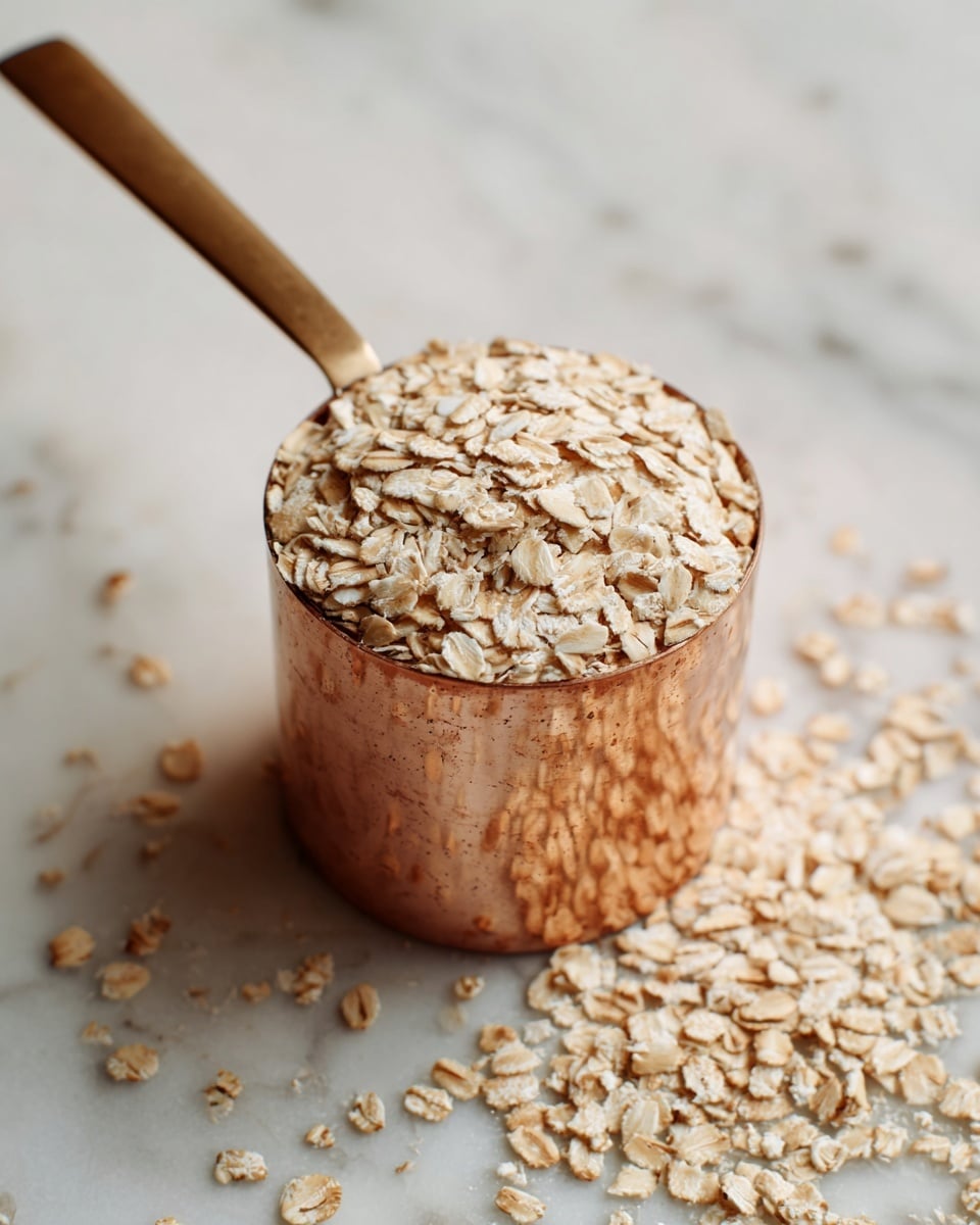 A copper-colored measuring cup filled to the top with light beige rolled oats, with some oats spilling slightly over the edges and scattered around on a white marbled surface. The oats have a rough, flaky texture and the handle of the measuring cup is visible, extending upward. photo taken with an iphone --ar 4:5 --v 7