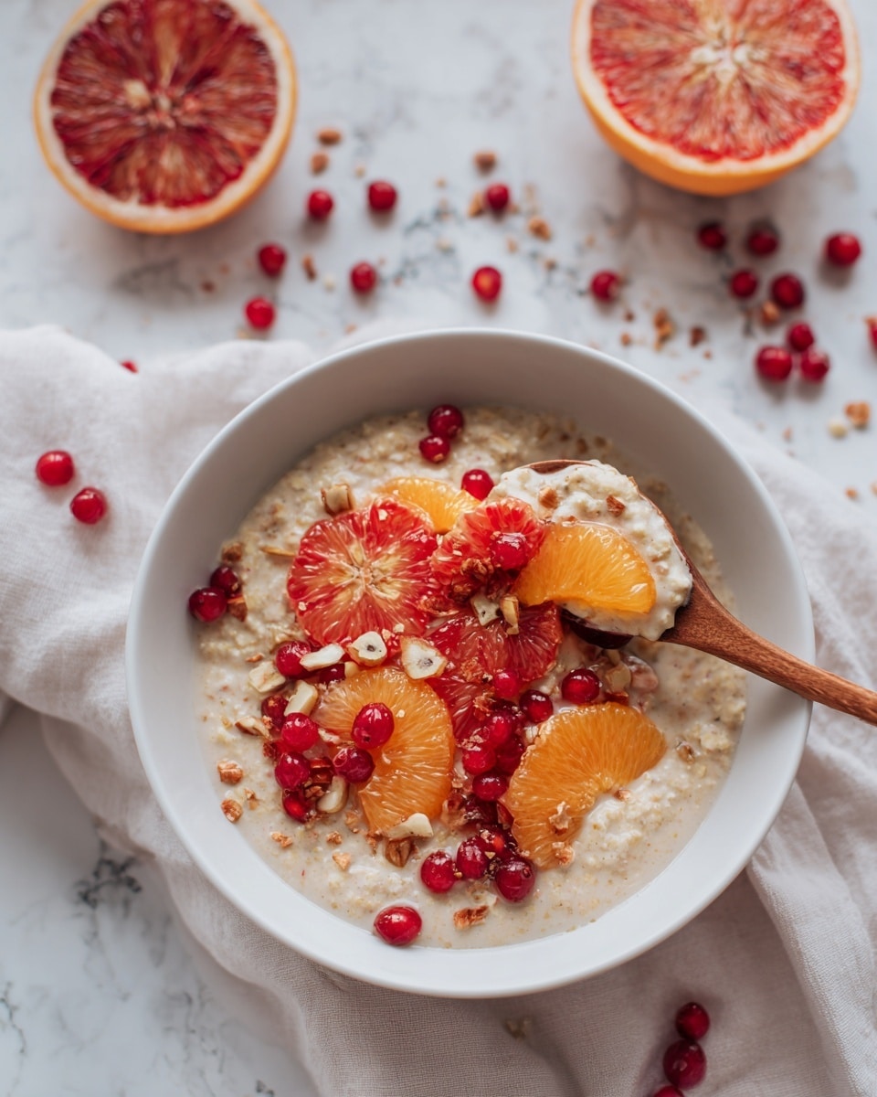 A white bowl holds three visible layers: the bottom layer is a soft mix of oatmeal with a creamy, slightly lumpy texture and beige color, followed by scattered red currants and shiny blood orange segments with deep red and vibrant orange hues on top, and sprinkled light brown seeds and nuts adding a crunchy look. A wooden spoon dips into the bowl, lifting a portion that shows all the textures together. The bowl sits on a soft white cloth spread over a white marbled surface sprinkled with loose red currants. A halved blood orange with shades of red, orange, and white rests in the background near the bowl. photo taken with an iphone --ar 4:5 --v 7