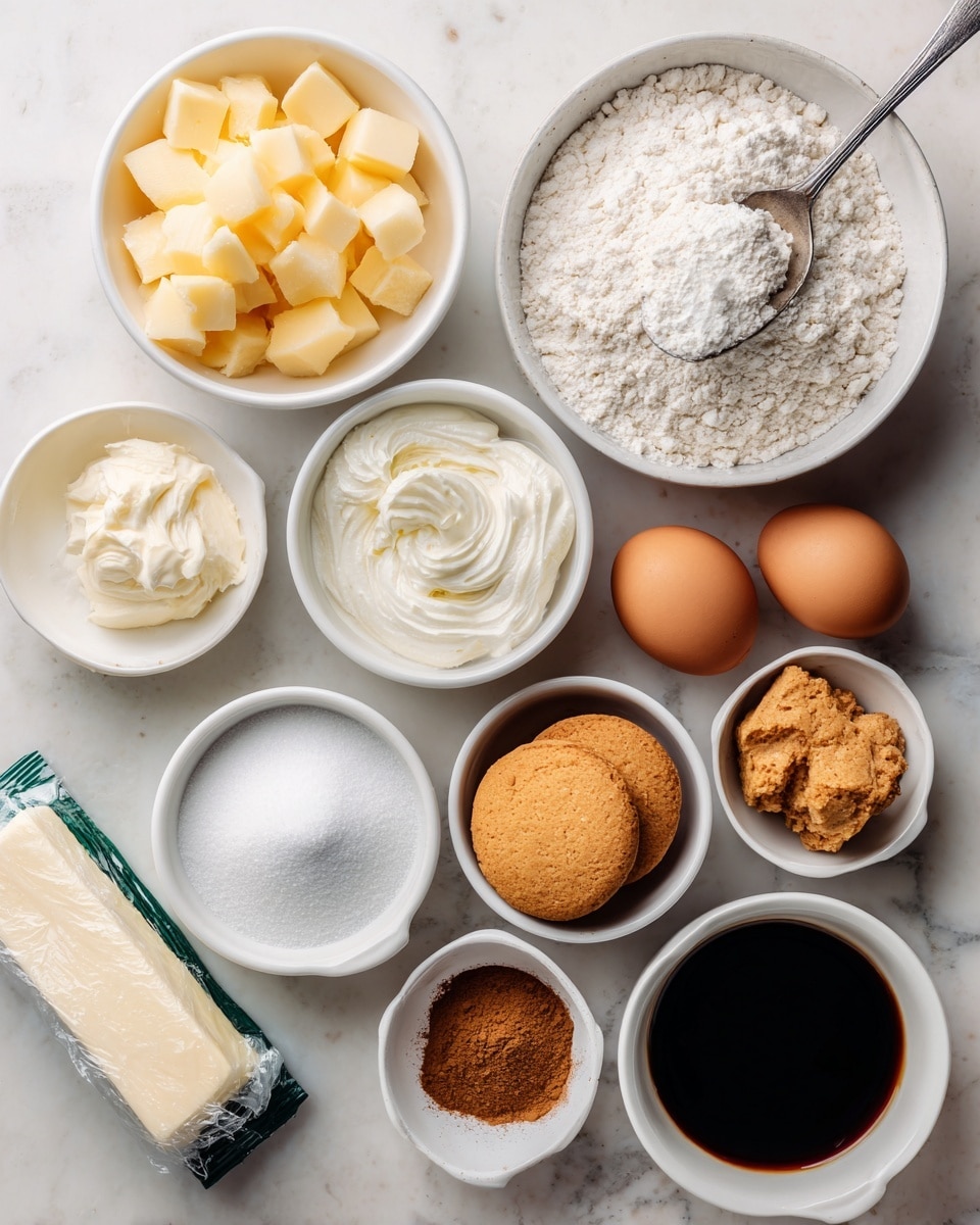 The image shows a top view of various baking ingredients arranged neatly on a white marbled surface. There are nine white bowls with different contents: one with light yellow cubed fruit pieces, another with white flour with a spoon inside, one with white granulated sugar, one filled with a white creamy substance, one with two light brown eggs, one with dark brown liquid, one small bowl with two whole light brown biscuits, one with cinnamon powder, and a very small white bowl with salt. On the left side, a stick of butter wrapped in white and green paper is also visible. photo taken with an iphone --ar 4:5 --v 7