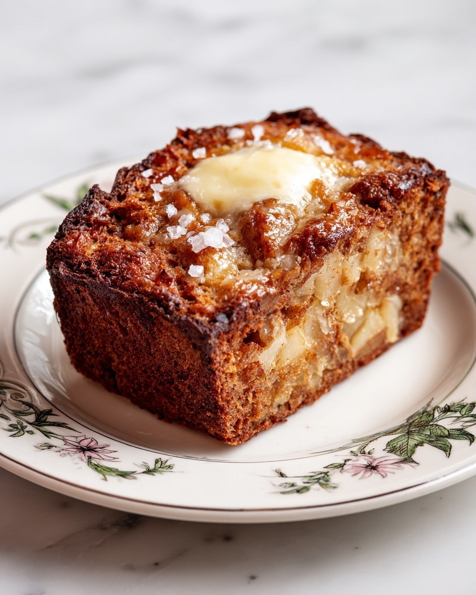 A single piece of thick, moist bread with a golden brown crust sits on a white plate with a decorative floral pattern. The bread has an uneven, rough texture with visible chunks of soft, pale yellow apple mixed throughout. On top, there is a small pat of melting butter creating a glossy shine, sprinkled with coarse sea salt flakes that add contrast with their white crystals. The plate rests on a white marbled surface, adding a clean and bright background. photo taken with an iphone --ar 4:5 --v 7