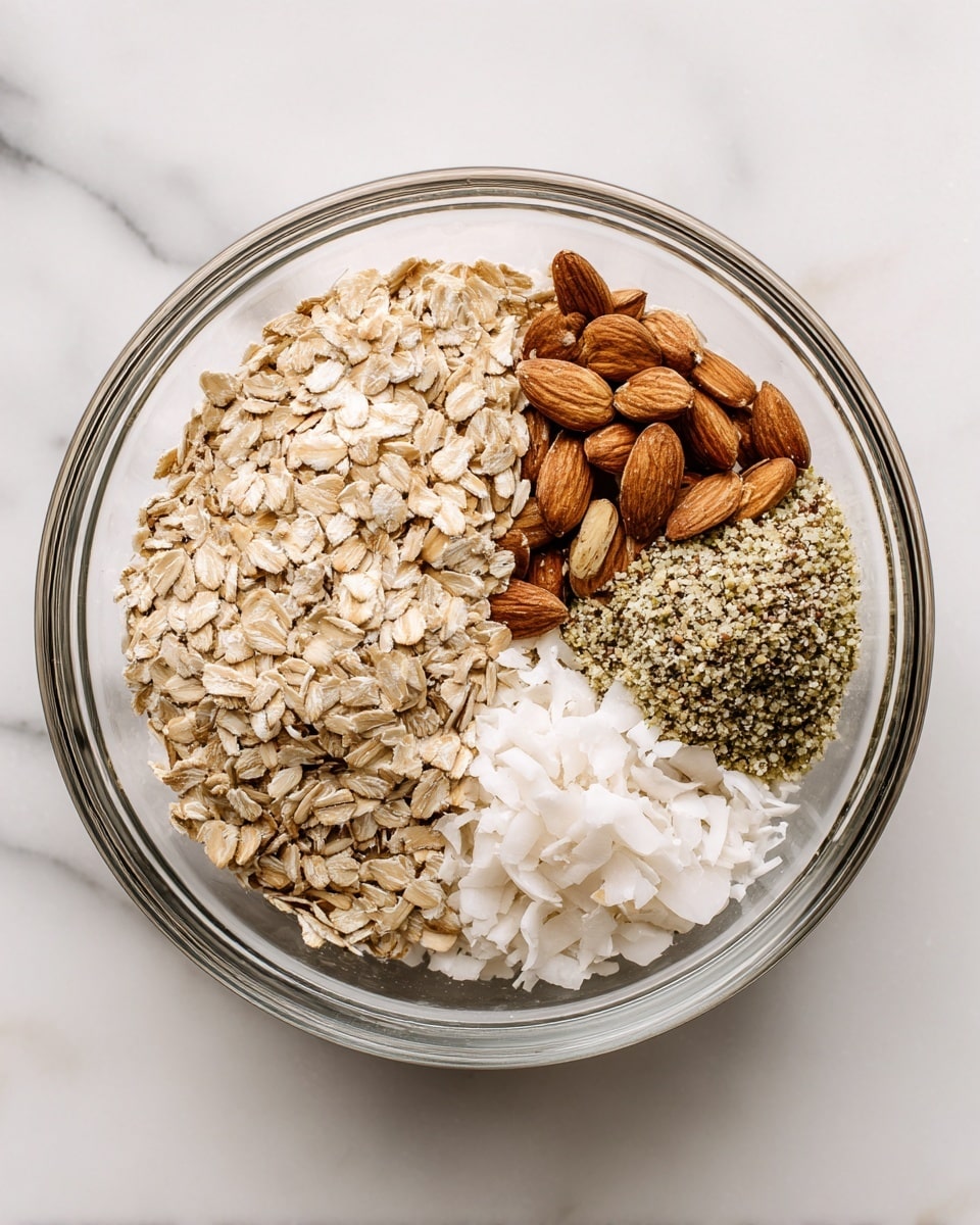 A clear glass bowl with four different dry ingredients arranged in sections: light brown rolled oats take up the left half of the bowl, sliced light and dark brown almonds are on the top right, small off-white coconut flakes sit on the bottom right, and a small pile of pale green hemp seeds is next to the coconut. The bowl sits on a white marbled surface. Photo taken with an iphone --ar 4:5 --v 7