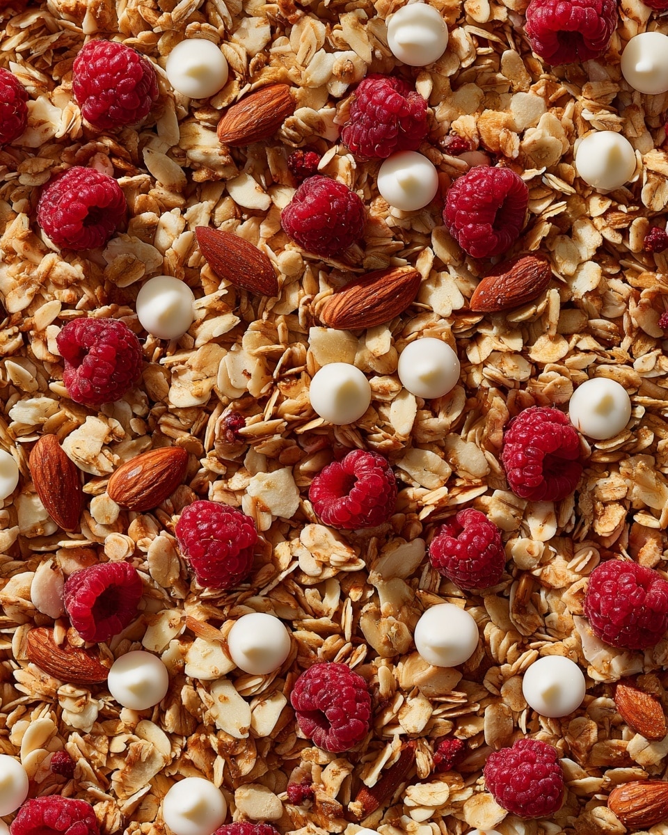 A close-up image showing a mix of toasted granola with several layers of small light brown oats and sliced almonds, bright red freeze-dried raspberries scattered throughout, and small white round yogurt chips evenly spread on top, all blending into a crunchy textured surface on a white marbled background. photo taken with an iphone --ar 4:5 --v 7
