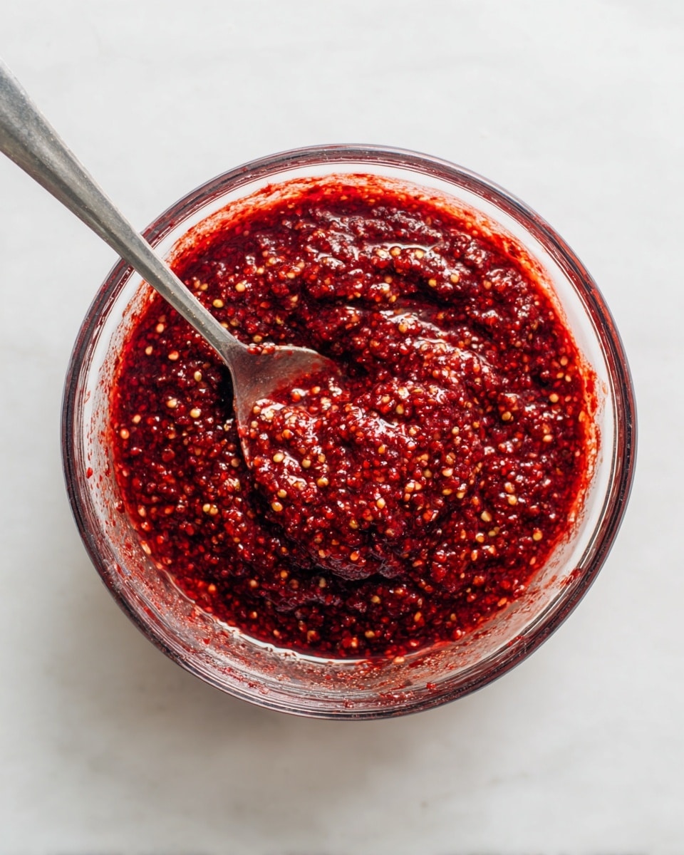 A clear glass bowl holds a thick, chunky red mixture with many tiny seeds visible throughout, giving it a textured look. The mixture is glossy and appears like mashed berries blended with seeds. A silver spoon with a long handle dips into the mix from the left side of the bowl, resting partly inside. The bowl is placed on a white marbled surface, showing smudges of the red mixture around the bowl's edges, highlighting a fresh, messy preparation. photo taken with an iphone --ar 4:5 --v 7
