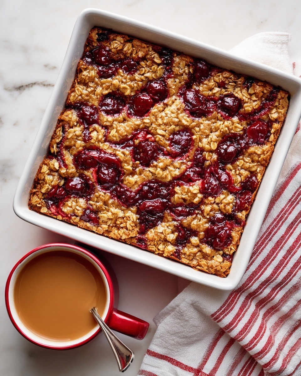 A square white baking dish holds a freshly baked oat bar with visible oats mixed in a golden-brown batter, featuring swirls of deep red fruit spread across the top in irregular patterns, creating a marbled effect. The dish rests on a white marbled surface, next to a red and white striped cloth. A red cup filled with light brown tea with a spoon inside is placed partially visible beside the dish. photo taken with an iphone --ar 4:5 --v 7