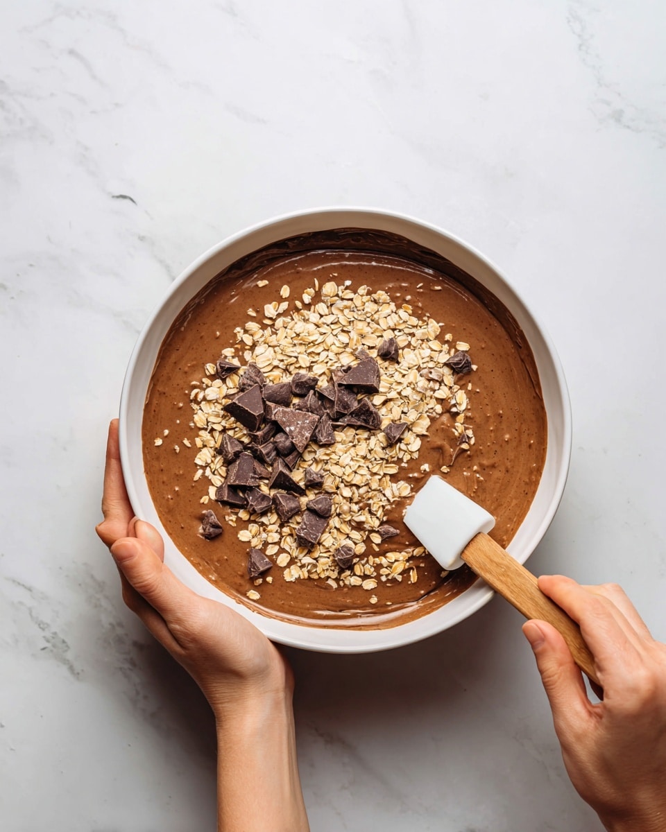 A white bowl filled with a smooth, thick layer of chocolate batter that has a rich brown color. Scattered evenly on top of the batter is a layer of light tan rolled oats, mixed with small dark chocolate chunks, creating a textured topping. A woman's hand is holding the side of the bowl while another woman's hand stirs the batter gently with a spatula that has a white blade and wooden handle. The bowl is placed on a white marbled surface. photo taken with an iphone --ar 4:5 --v 7
