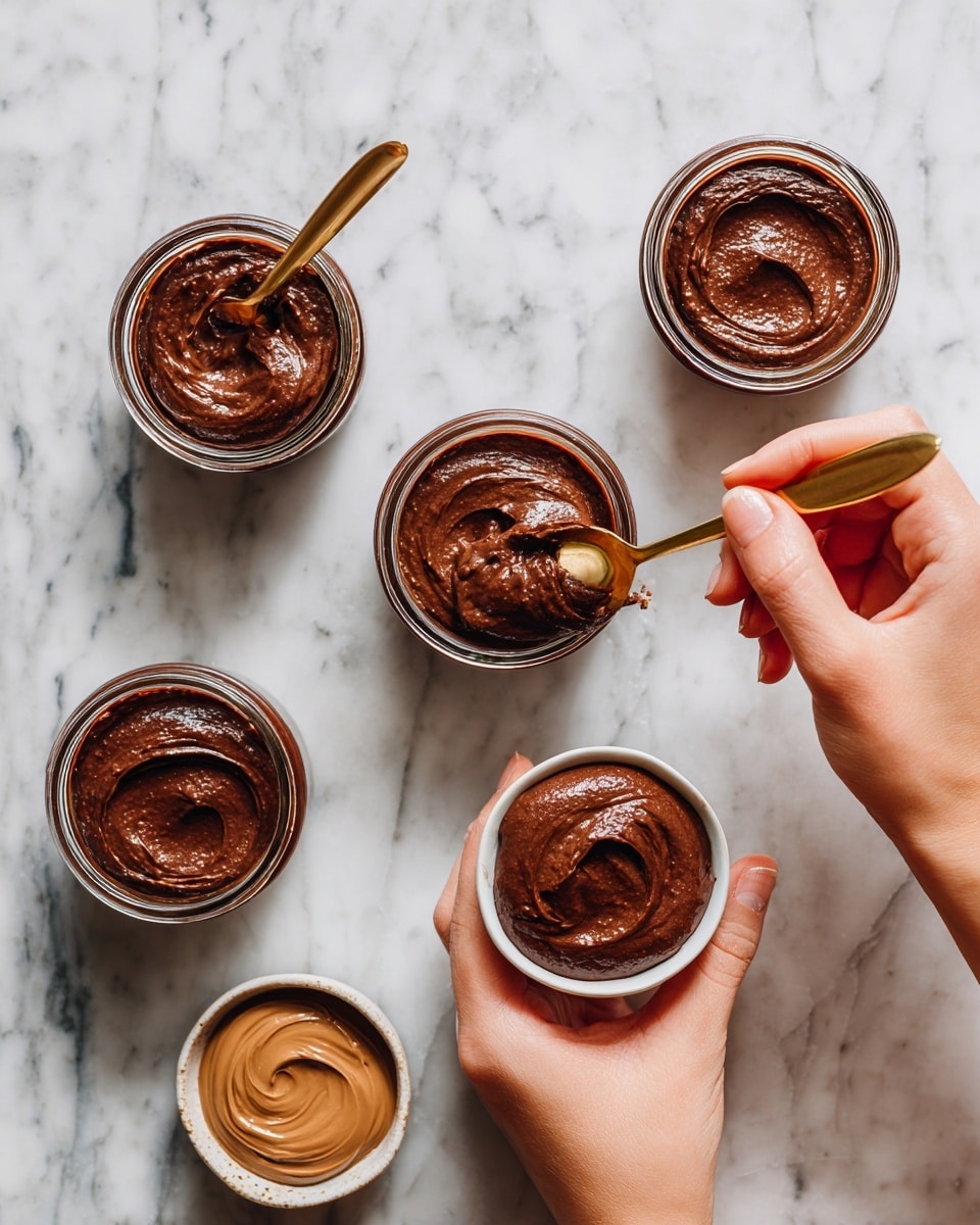 The image shows four small glass jars filled with a thick, dark brown chocolate mixture that has a slightly chunky texture. Three of the jars have a smooth, light brown spread dolloped on top in an uneven circle, while one jar has just the chocolate mixture visible. A woman's hand holding a small gold spoon is adding the light brown spread on one of the jars. Another woman's hand holds a small white bowl filled with the same light brown spread. All the jars and hands are placed on a surface with a white marbled texture. photo taken with an iphone --ar 4:5 --v 7