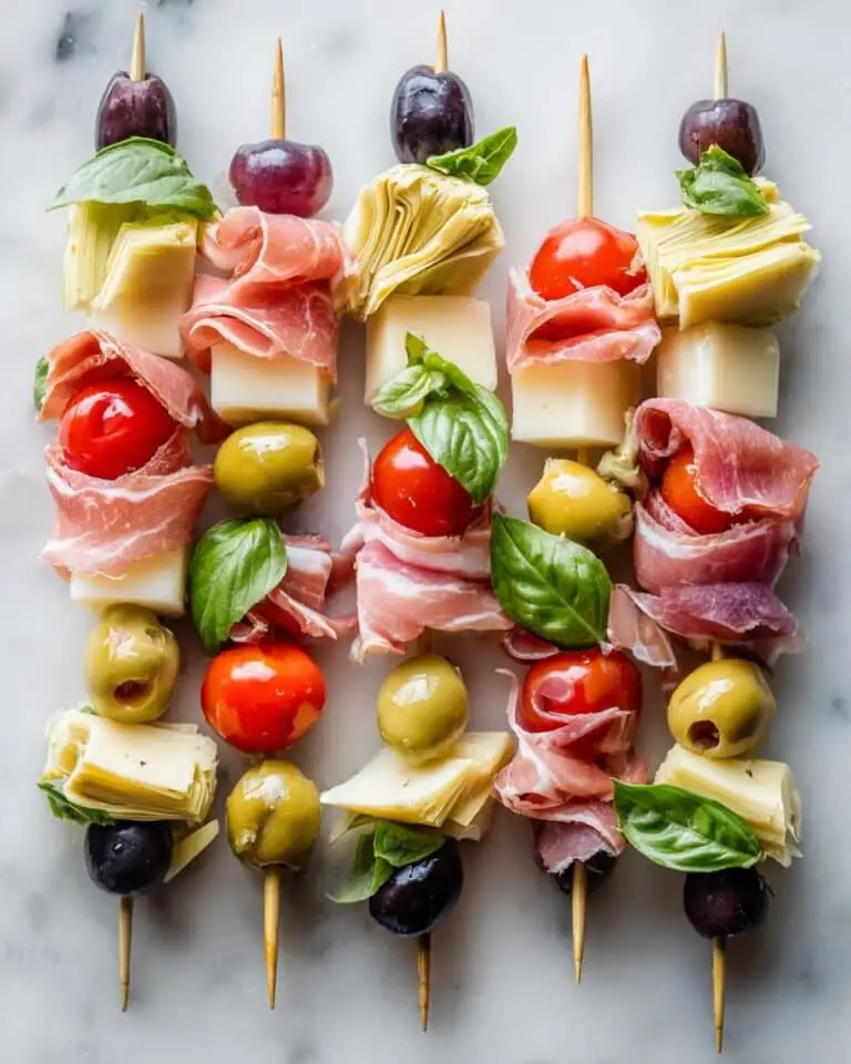 Antipasto Skewers: Colorful Italian Appetizer with Cured Meats, Cheese, and Vegetables Recipe