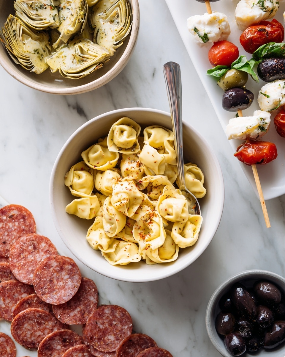 A top view of a white bowl filled with pale yellow tortellini with red seasoning, a silver spoon inside, placed on a white marbled surface. Above it is a beige bowl with light yellow artichoke pieces in olive oil with herbs. To the right, a pile of round, marbled pink salami slices rests directly on the white marbled surface. Nearby is a small greyish bowl with shiny black olives in dark liquid. At the top right, there is a white plate with assembled skewers made from layers of white cheese balls, red cherry tomatoes, green basil leaves, light tan artichoke pieces, black olives, and slices of reddish salami. In the bottom part of the image, a woman's hand places a round salami slice on a wooden skewer next to other skewers on the white marbled surface. Photo taken with an iphone --ar 4:5 --v 7
