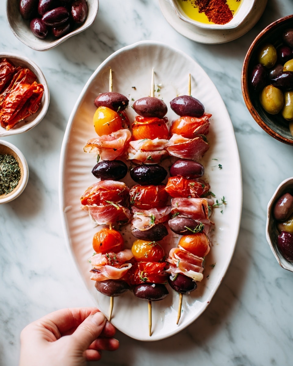 The image shows a white oval plate on a white marbled surface filled with skewers. Each skewer has five layers from bottom to top: a dark purple olive, a bright red cherry tomato, folded pale beige slices of cured meat, another cherry tomato, and a mix of black and red olives near the top. The skewers are placed closely together, arranged evenly on the plate. A woman's hand is seen holding one skewer on the side. In the background, some bowls with different foods and spices are visible. photo taken with an iphone --ar 4:5 --v 7