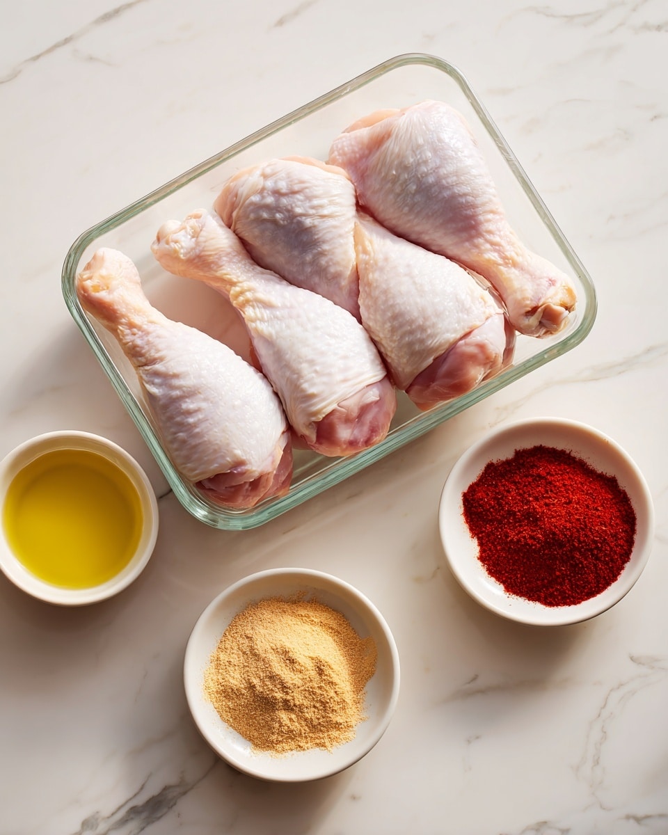 The image shows four raw chicken drumsticks placed side by side in a clear glass container on a white marbled surface. Below the container, there are two small white bowls. One bowl contains a yellowish liquid, likely oil, while the other bowl is divided into two sections, with light brown garlic powder and red paprika powder arranged neatly. The scene is simple, with the ingredients organized cleanly, and the overall look is bright and fresh. Photo taken with an iphone --ar 4:5 --v 7