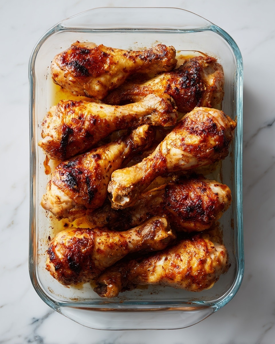 A clear glass rectangular dish holds ten well-cooked chicken drumsticks with a golden-brown, crispy skin that shows some darker roasted spots, stacked closely together. The dish is placed on a white marbled surface, which adds a subtle textured background with gray veins. The rich, warm tones of the drumsticks contrast with the clean, smooth look of the dish and the marbled surface, emphasizing the roasted texture. photo taken with an iphone --ar 4:5 --v 7