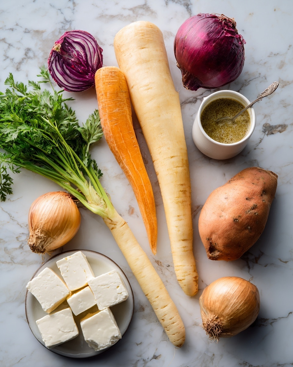 The image shows a white marbled surface with a variety of whole vegetables and some soft white cheese. There are two long, smooth root vegetables in the center – one bright orange carrot and one pale yellow parsnip. Below them, there is a medium-sized orange sweet potato and two round onions with brownish flaky skin, one onion is darker and the other is lighter. To the left, there is a bunch of fresh green leafy herbs and a red onion with purple skin. At the bottom, a small white bowl holds three square pieces of soft white cheese. In the top right corner, there is a small glass cup of green sauce with a spoon inside. Photo taken with an iphone --ar 4:5 --v 7