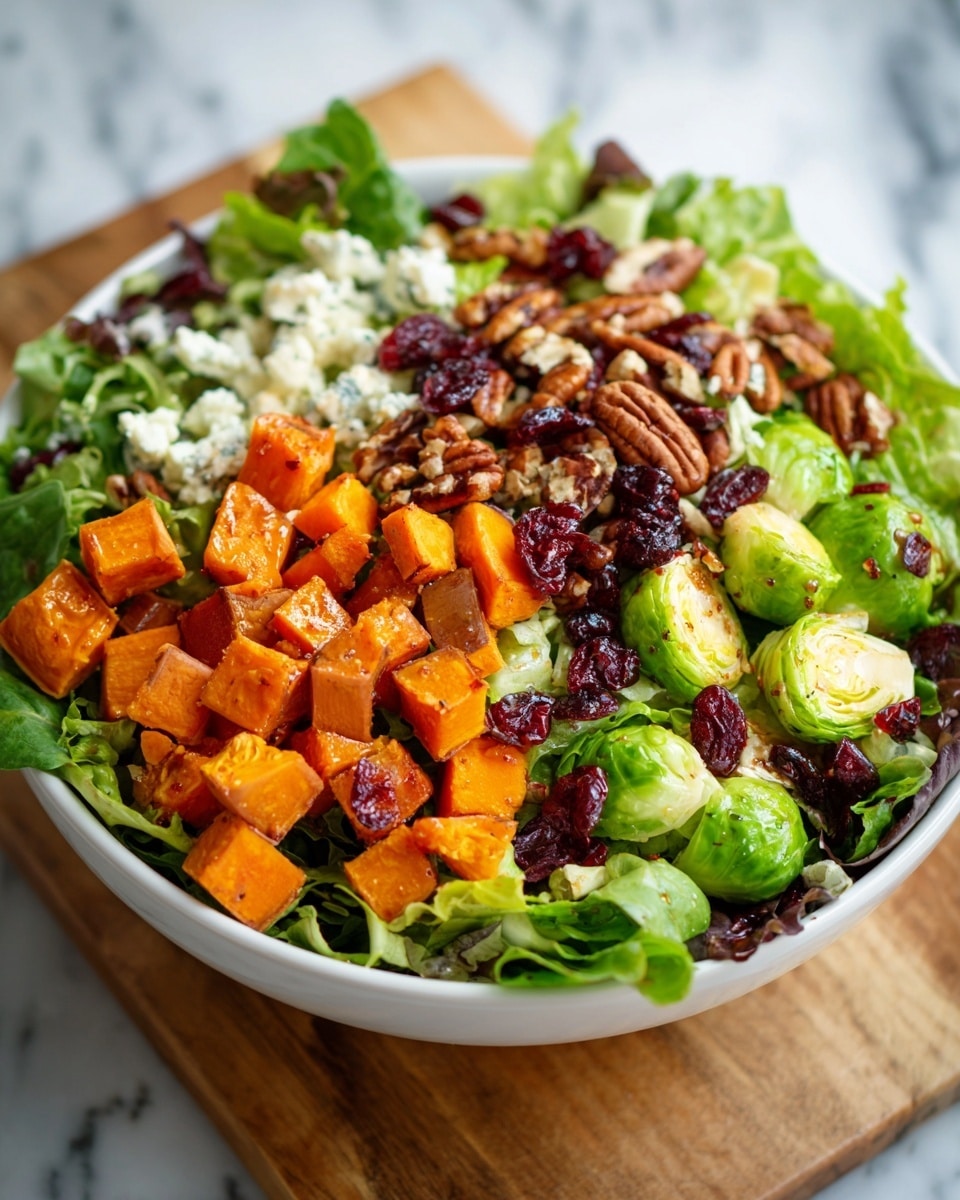 A white bowl filled with a colorful salad sits on a wooden board over a white marbled surface. The salad has a mix of green leafy lettuce at the base, bright orange roasted sweet potato cubes scattered on top, and green Brussels sprouts sliced in half. There are also brown toasted pecans and bits of dried cranberries adding texture and color. The layers show fresh greens at the bottom, followed by the roasted vegetables and nuts all evenly spread. The overall look is fresh and vibrant with a mix of green, orange, brown, and red colors. photo taken with an iphone --ar 4:5 --v 7