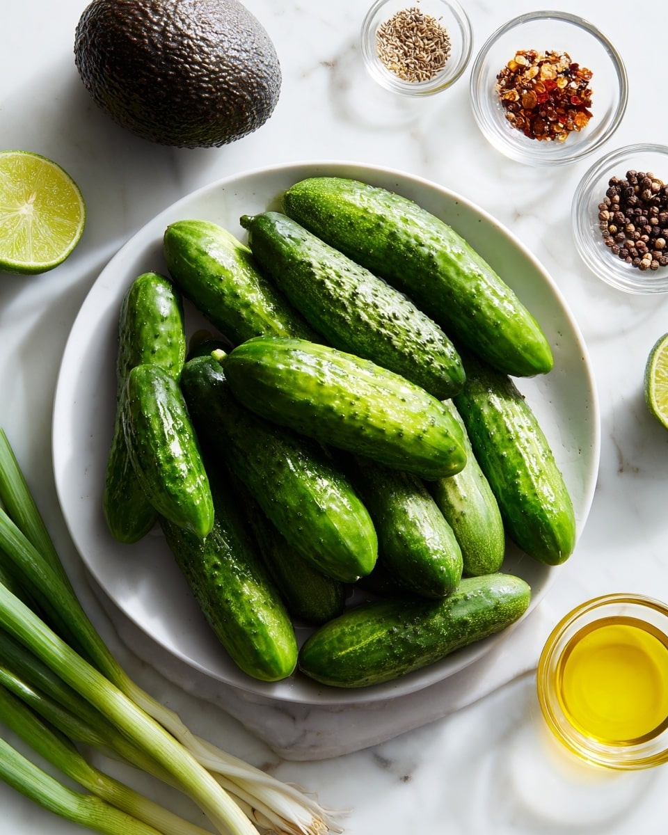 A white plate filled with several small, fresh cucumbers that are bright green with bumpy skin placed on a white marbled surface. Around the plate, there are thin green scallions lying flat and one whole, dark green avocado with a rough texture positioned nearby. Next to these, there are small glass bowls containing brown seeds, black pepper, and golden olive oil neatly arranged. A lime is placed close to the scallions. The overall scene has fresh vegetables and ingredients ready for use, with natural light highlighting the textures. Photo taken with an iphone --ar 4:5 --v 7