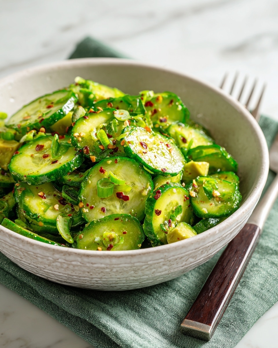 A close-up view of a bowl filled with a fresh green salad made of several slices of cucumber and light green avocado chunks mixed with small pieces of green onion and tiny red pepper flakes sprinkled all over. The salad sits in a white textured round bowl with a green cloth underneath on a white marbled surface. A silver fork with a dark wooden handle is placed near the bowl on the right side. Photo taken with an iphone --ar 4:5 --v 7