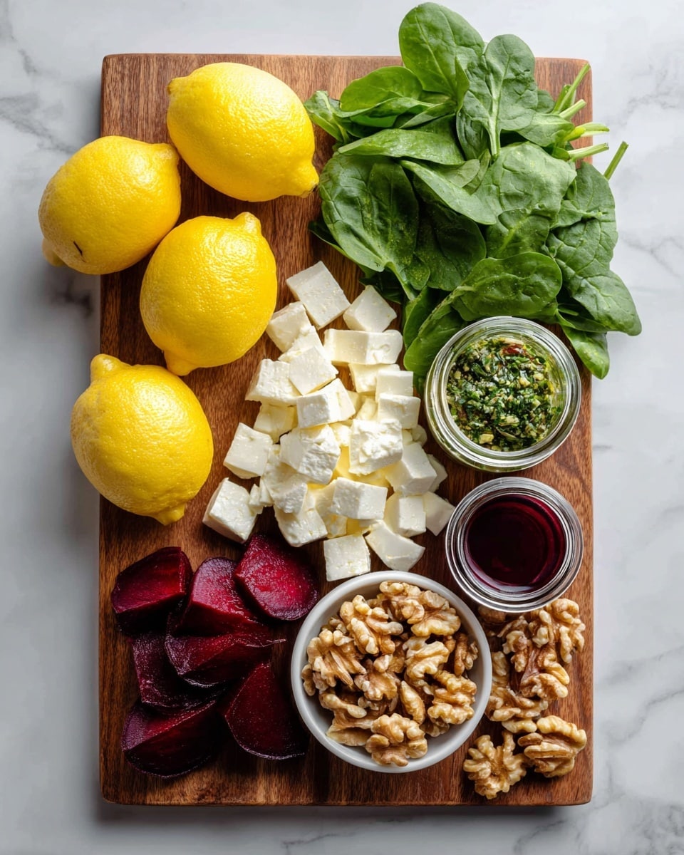 A wooden board placed on a white marbled surface holds fresh ingredients arranged in separate sections: three bright yellow lemons on the left, deep red beetroot slices below them, and a pile of white cubed feta cheese in the center. To the right of the cheese, a white small bowl is filled with shelled walnuts, with some walnuts scattered nearby on the board. Above the walnuts, there is a bunch of fresh green spinach leaves, and next to the lemons, there are two glass jars — one with a green herb mix and the other with a dark reddish-purple liquid. The overall scene is bright and clean, showing fresh ingredients ready to be used. photo taken with an iphone --ar 4:5 --v 7