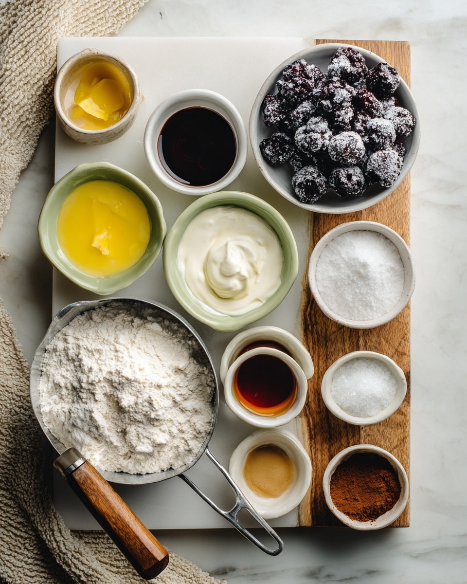 The image shows an overhead view of several small white bowls and a large metal measuring cup with wooden handle filled with white flour on a white marbled surface. The bowls contain different ingredients: one has melted yellow butter, one has a creamy white liquid, another holds dark brown maple syrup, a light green bowl is filled with frozen dark berries dusted with frost, two small square bowls contain white powders, one small white round bowl has brown powder, and another small square bowl contains a darker amber liquid. The bowls are arranged neatly on a wooden board that sits on the white marbled surface, with part of a beige textured cloth in the background. photo taken with an iphone --ar 4:5 --v 7
