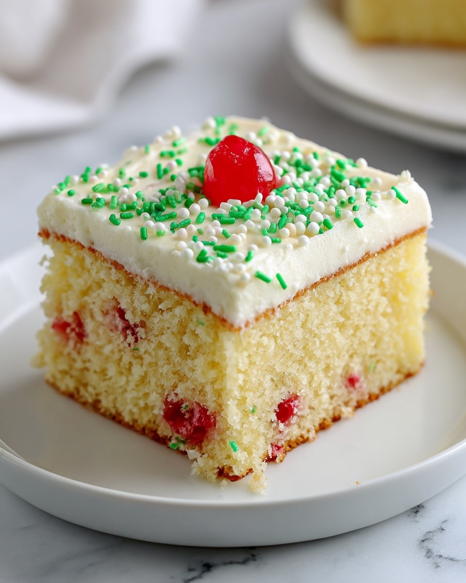 A square slice of cake sits on a white plate with a white marbled surface behind it. The cake has two layers: the bottom layer is light yellow with small red cherry pieces mixed inside, and the top layer is a thick, creamy white frosting sprinkled with small green and white sprinkles. The texture of the cake looks soft and moist, while the frosting appears smooth and slightly fluffy. Photo taken with an iphone --ar 4:5 --v 7
