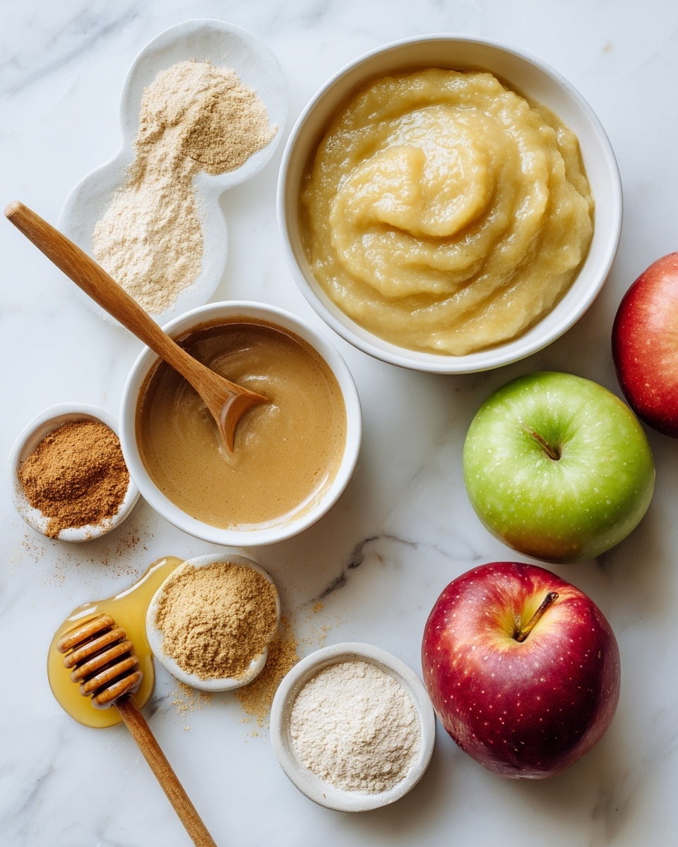 The image shows a white bowl filled with smooth, light brown sauce or dressing, with a wooden spoon resting inside. Nearby, there is a white bowl containing a thick, pale yellow puree that looks soft and creamy. Three apples in red and green colors are placed on a white marbled surface, scattered around the bowls. There are also small piles and containers of various powders and spices in light brown, white, and tan shades, along with a honey dipper coated in golden honey. The overall scene is bright, with soft shadows on the white marbled background. Photo taken with an iphone --ar 4:5 --v 7