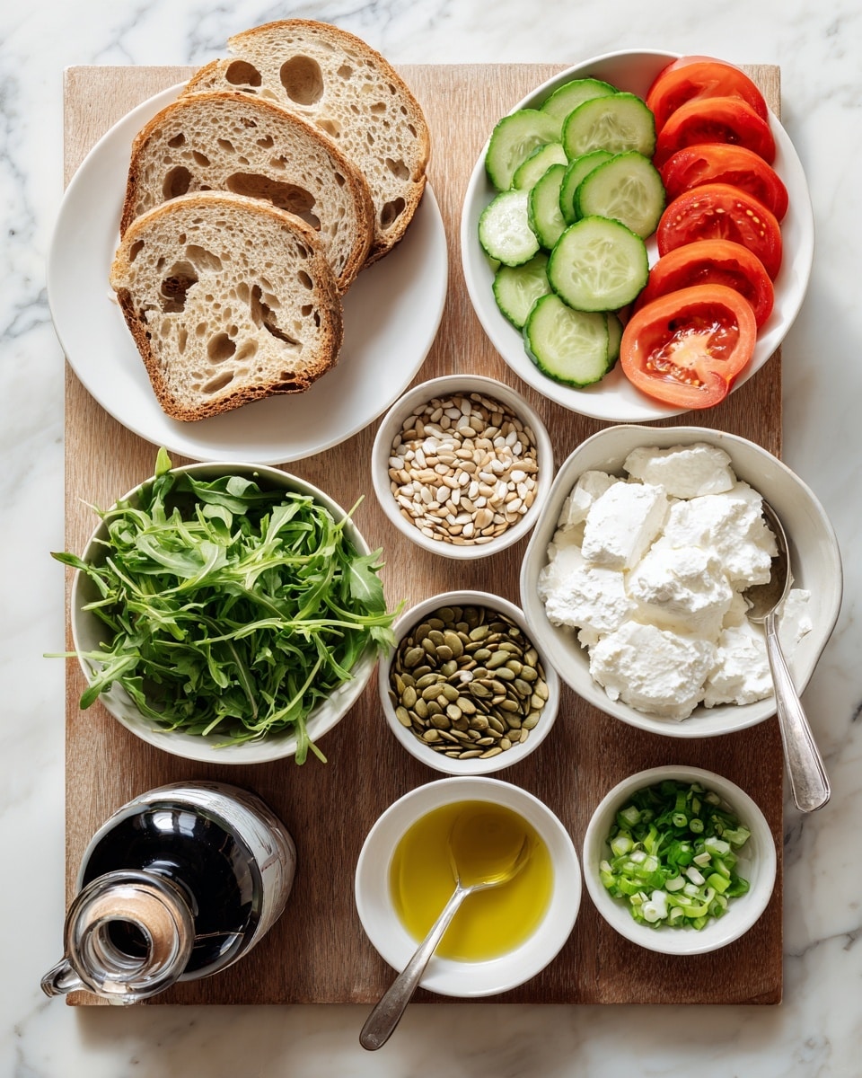 The image shows a wooden board on a white marbled surface, holding several white plates and bowls with fresh ingredients. On the top left, three slices of light brown bread with holes sit stacked on a white plate. To the right, a white bowl contains three cucumber slices and four tomato slices, all fresh and shiny. Below the bread, a bowl is filled with green arugula leaves. Next to it, a white bowl is filled with white cottage cheese with a spoon in it. At the bottom, there is a bottle of balsamic glaze tilted on the left side. In front of the bottle, three small bowls hold green pumpkin seeds, beige seeds, and chopped green herbs with sliced green onions. A small white bowl filled with olive oil sits in the center front. All items are neatly arranged photo taken with an iphone --ar 4:5 --v 7